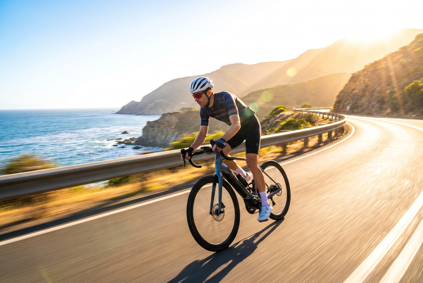 Radfahrerin auf einem E-Bike auf einer sonnigen Panoramastrasse in Bewegung