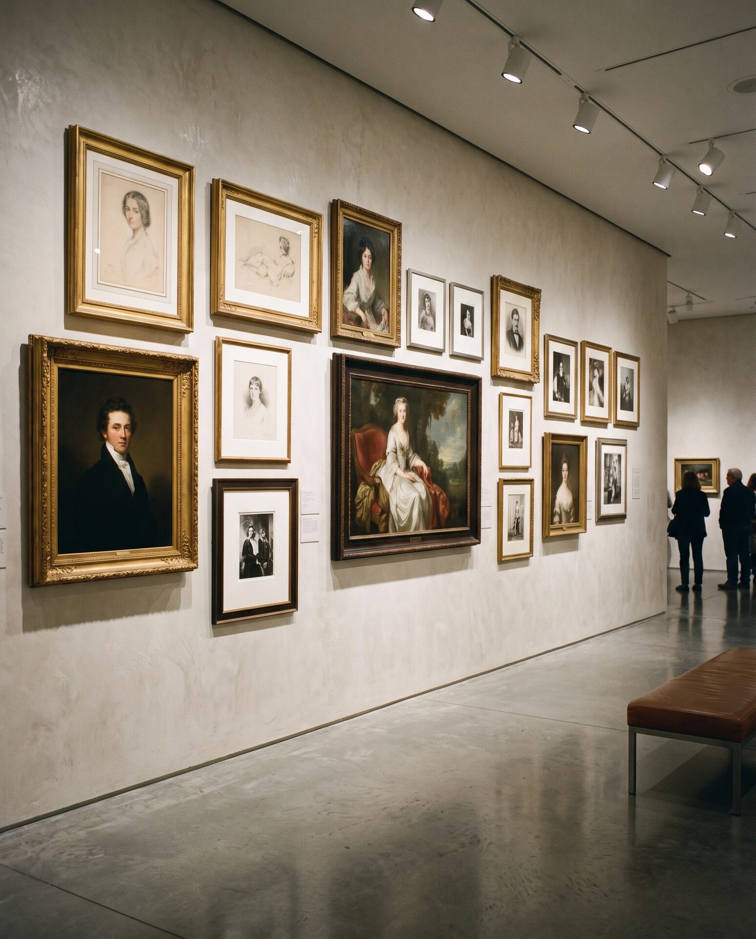 Elegant gerahmte Bilder in galerieartiger Hängung mit Museumsbeleuchtung