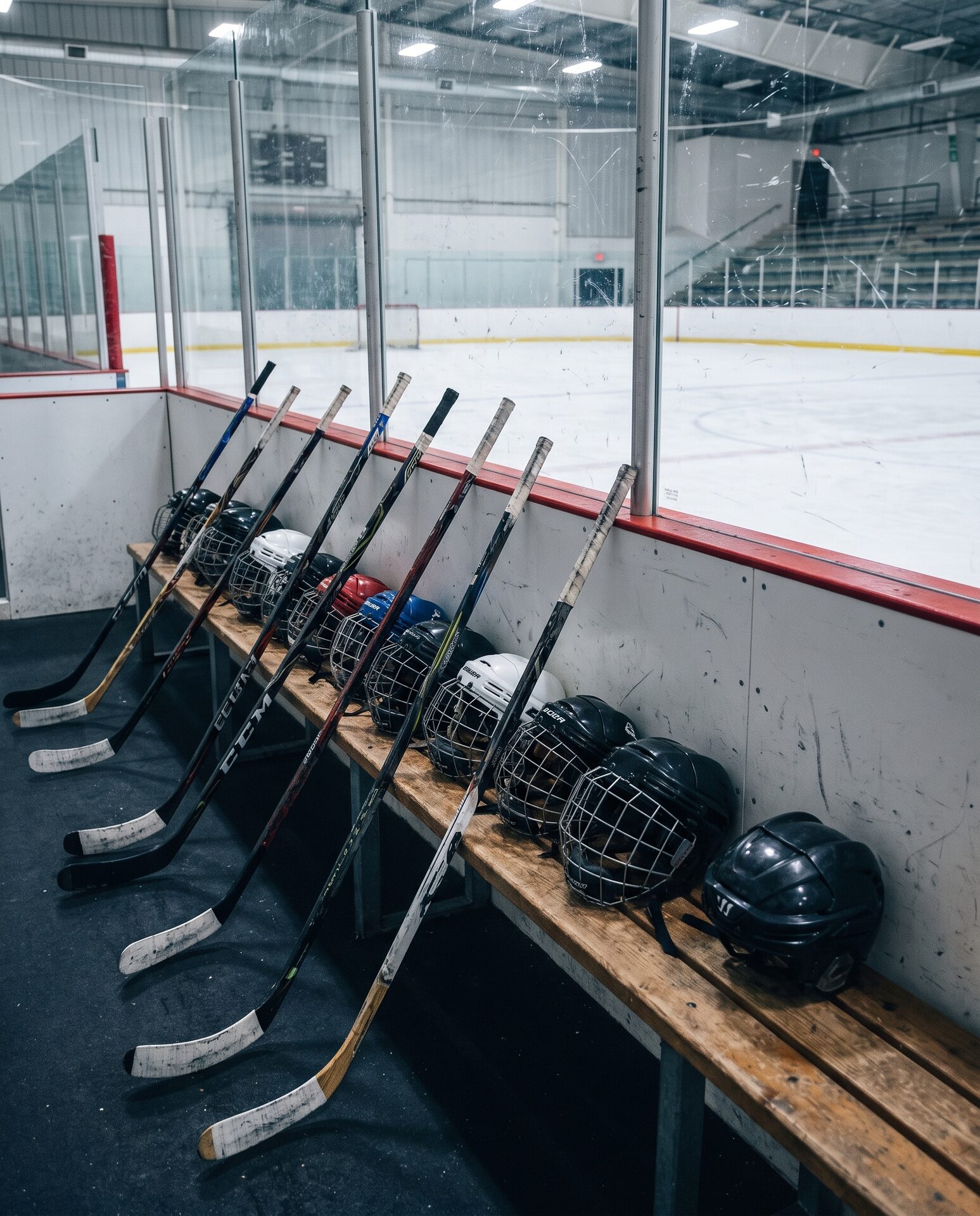 Hockeystöcke und Helme auf einer Bank neben der Bande