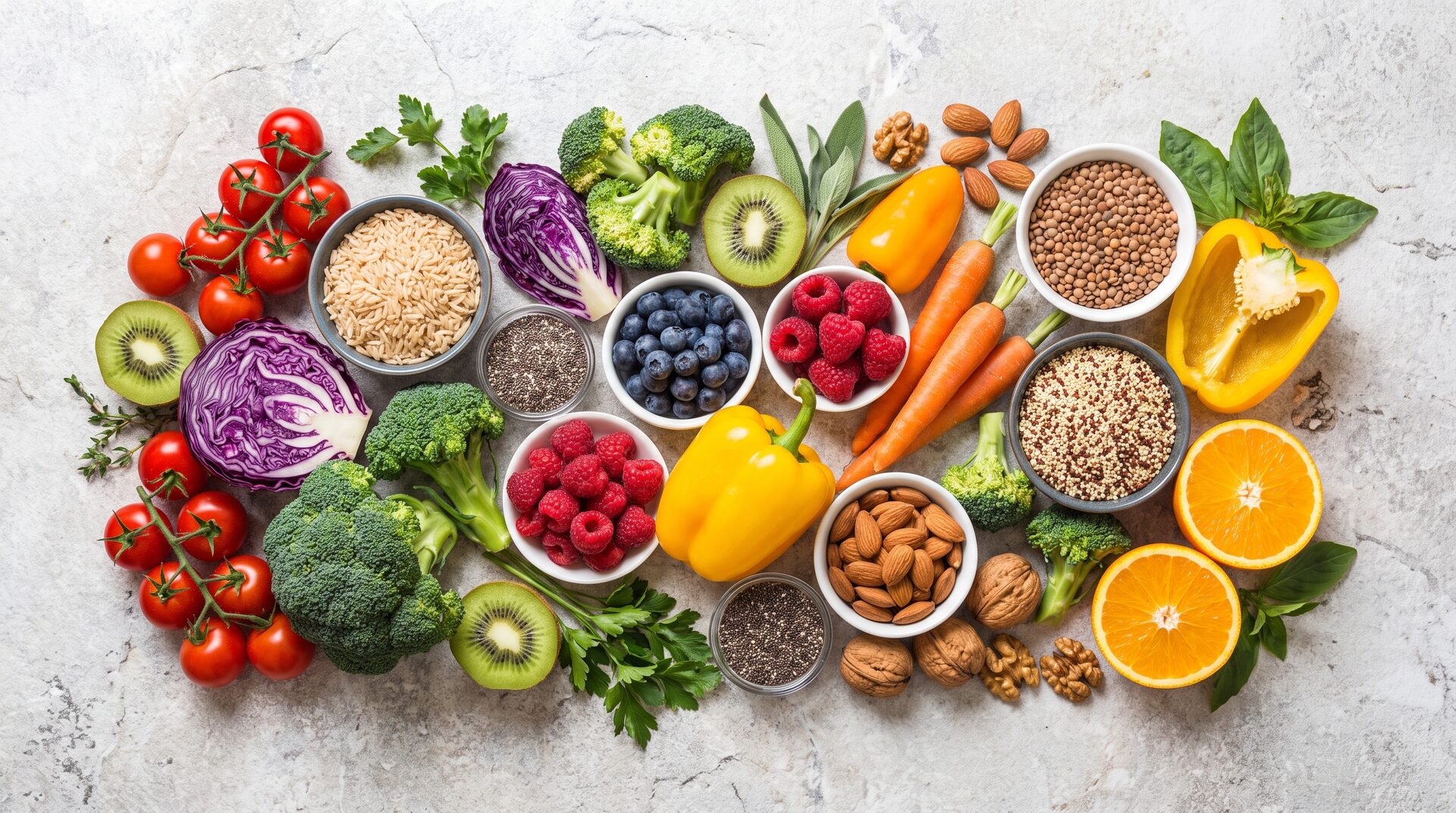 NÄHRWERK – farbenfrohes Flatlay mit frischem Gemüse und Getreide