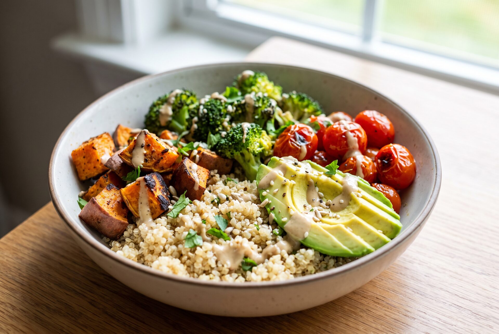 Ausgewogene Bowl mit Quinoa, geröstetem Gemüse und Avocado