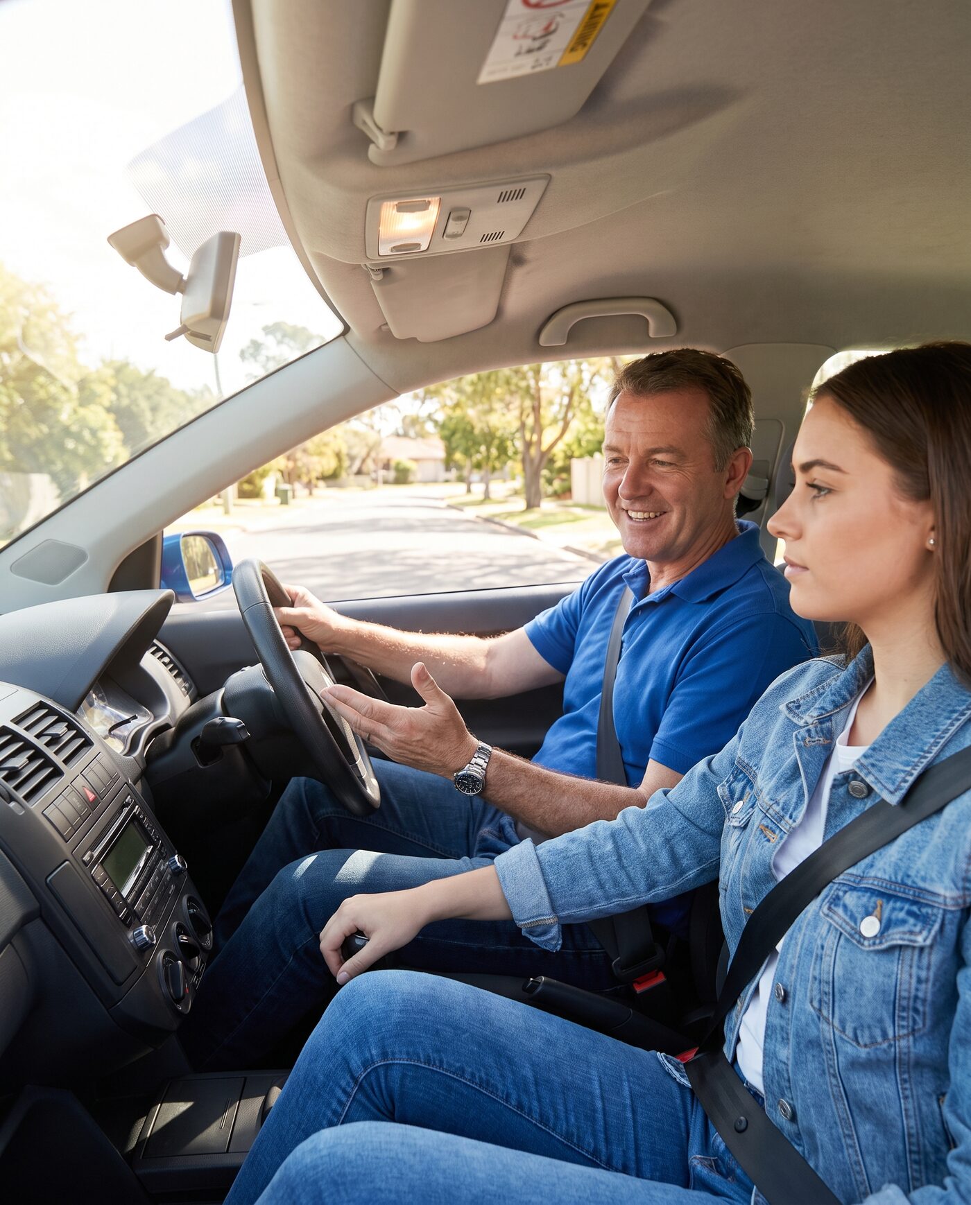 Freundlicher Fahrlehrer erklärt einem jungen Fahrschüler etwas im Auto