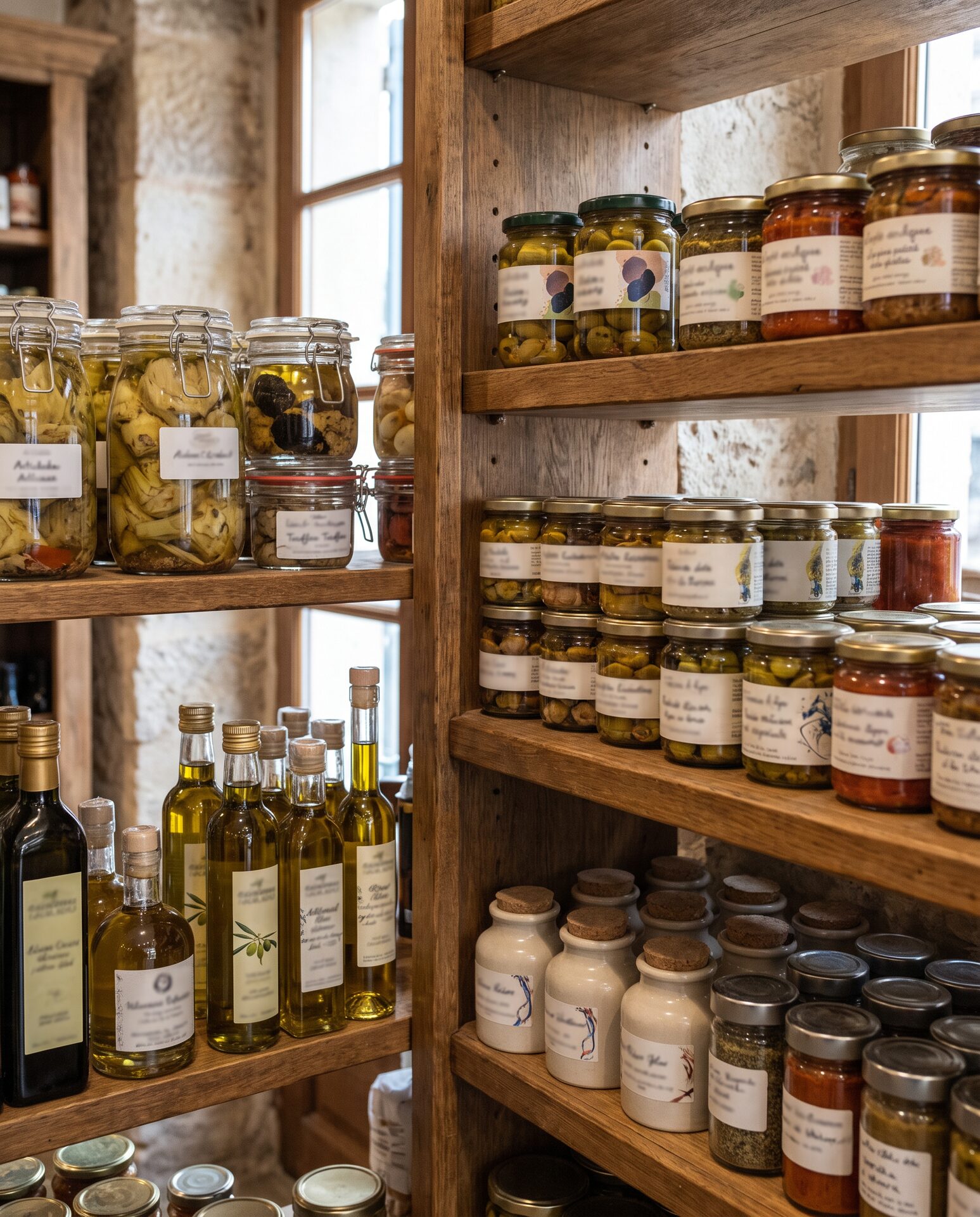 Regale mit eingelegten Delikatessen, Olivenölflaschen und Gewürzgläsern