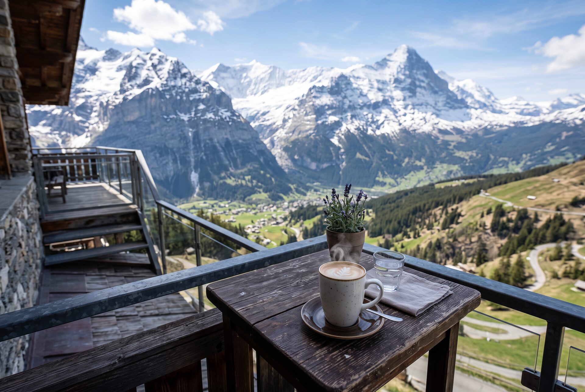 Balkontisch mit Kaffee und Bergpanorama im Hintergrund