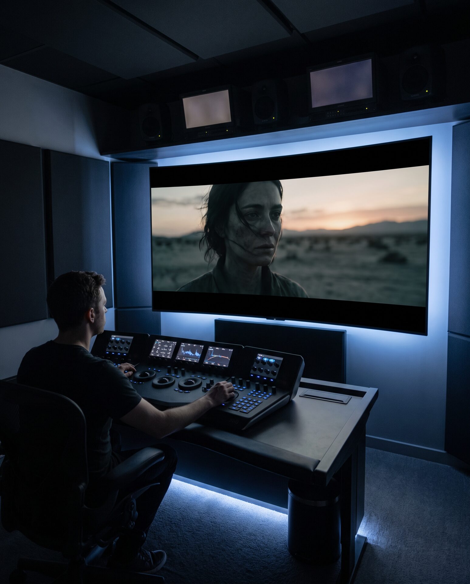 Colour-Grading-Suite mit grossem Monitor und ruhigem blauem Licht