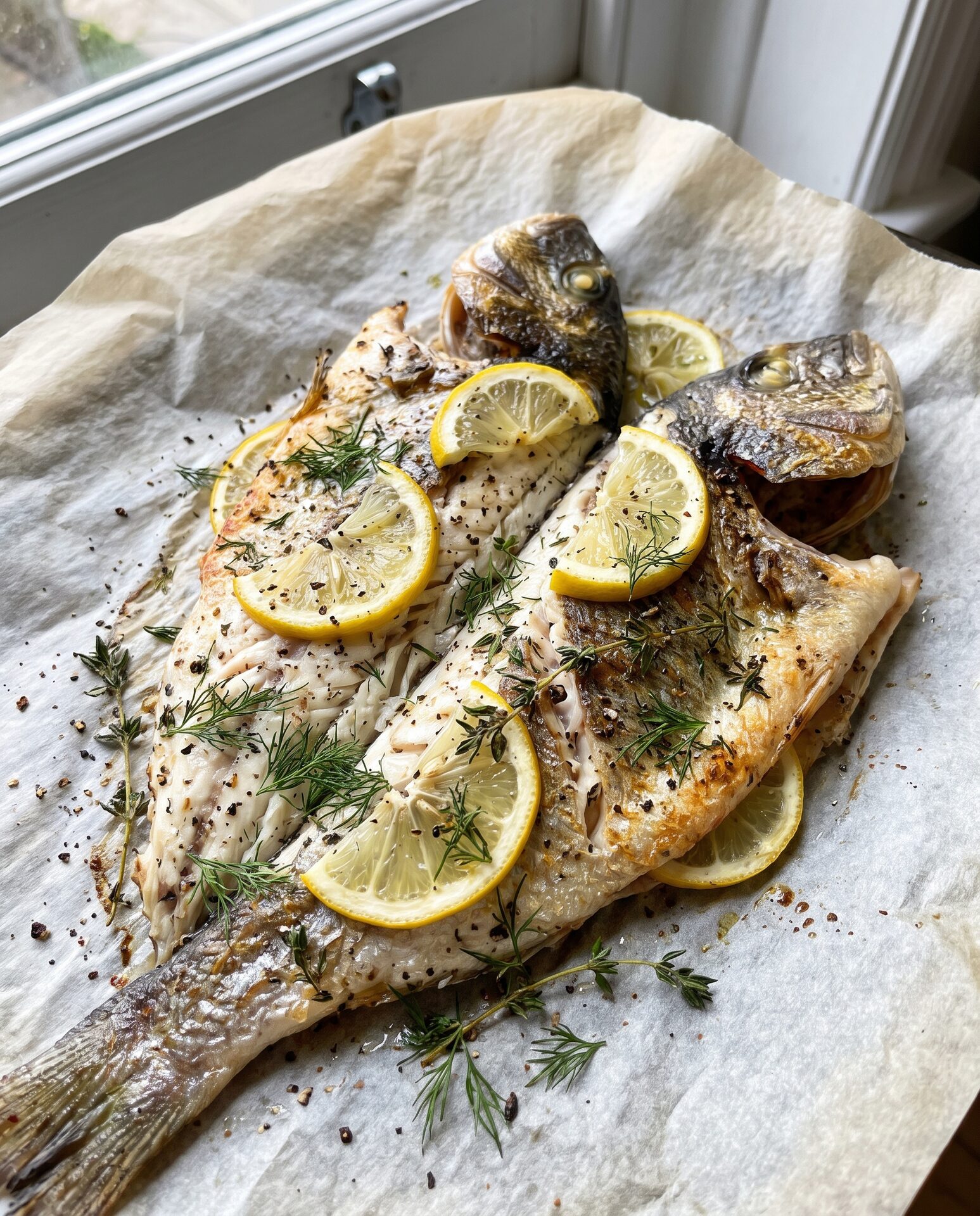 Perfekt filetierter Fisch auf Papier mit Zitrone und Kräutern