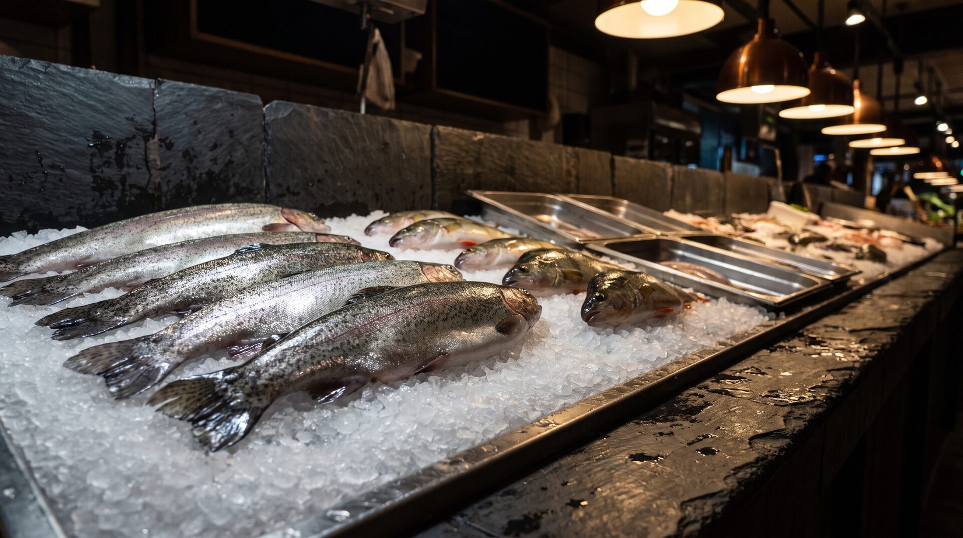 SEEGANG – frischer ganzer Seefisch auf Crushed Ice in der Auslage