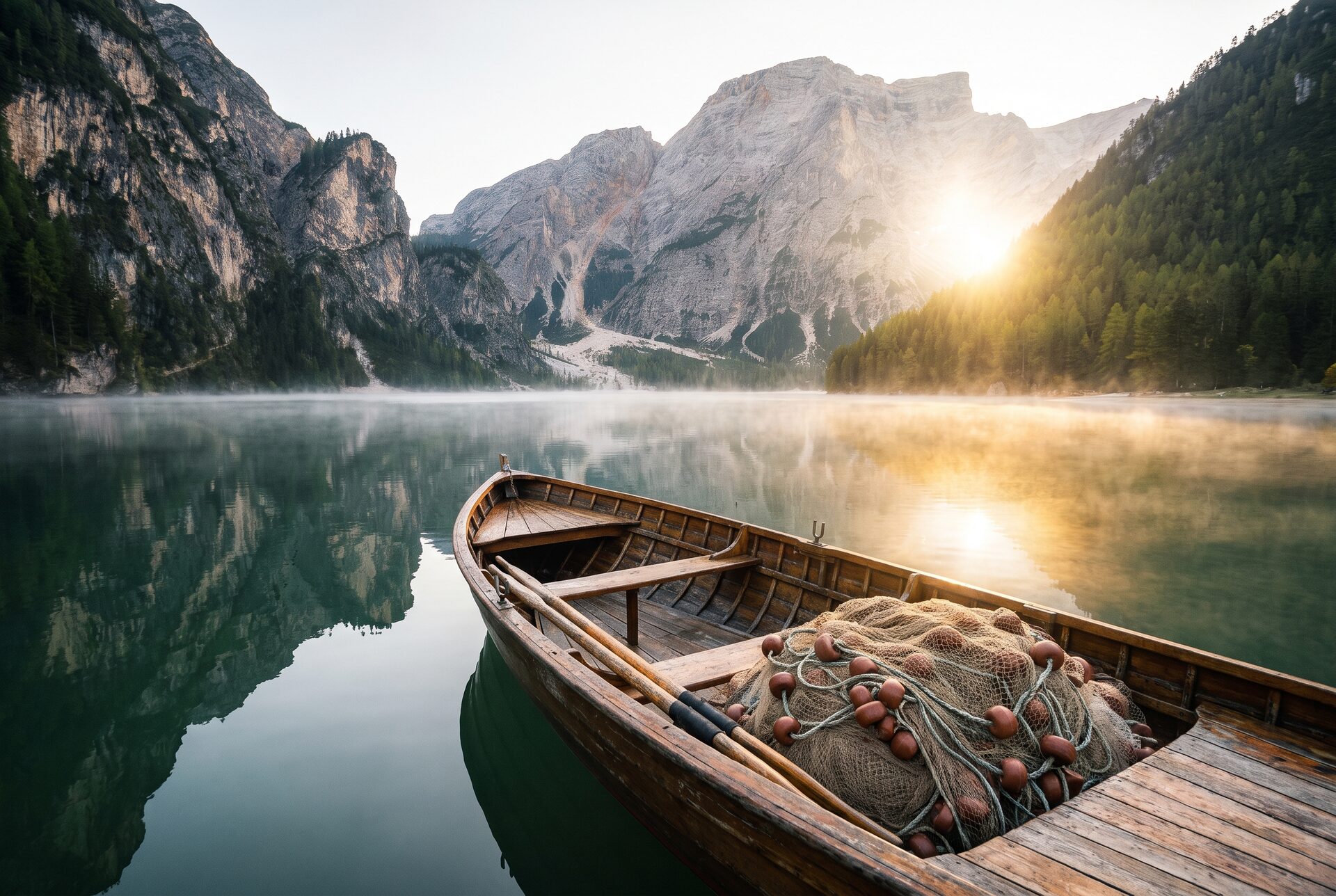 Hölzernes Fischerboot mit Netzen auf einem ruhigen Alpensee bei Sonnenaufgang