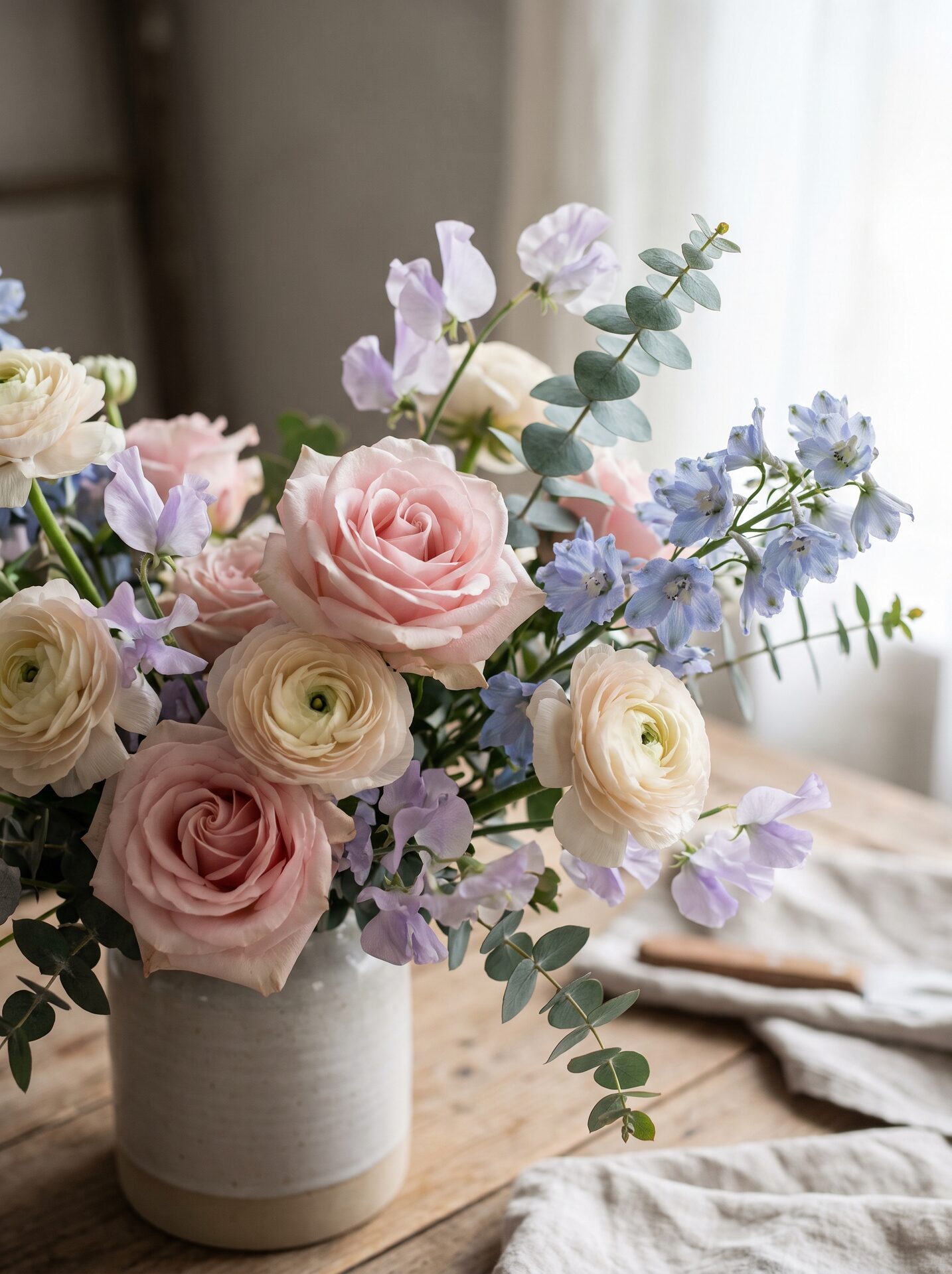 Nahaufnahme eines pastellfarbenen Brautstrausses mit Rosen und Eukalyptus