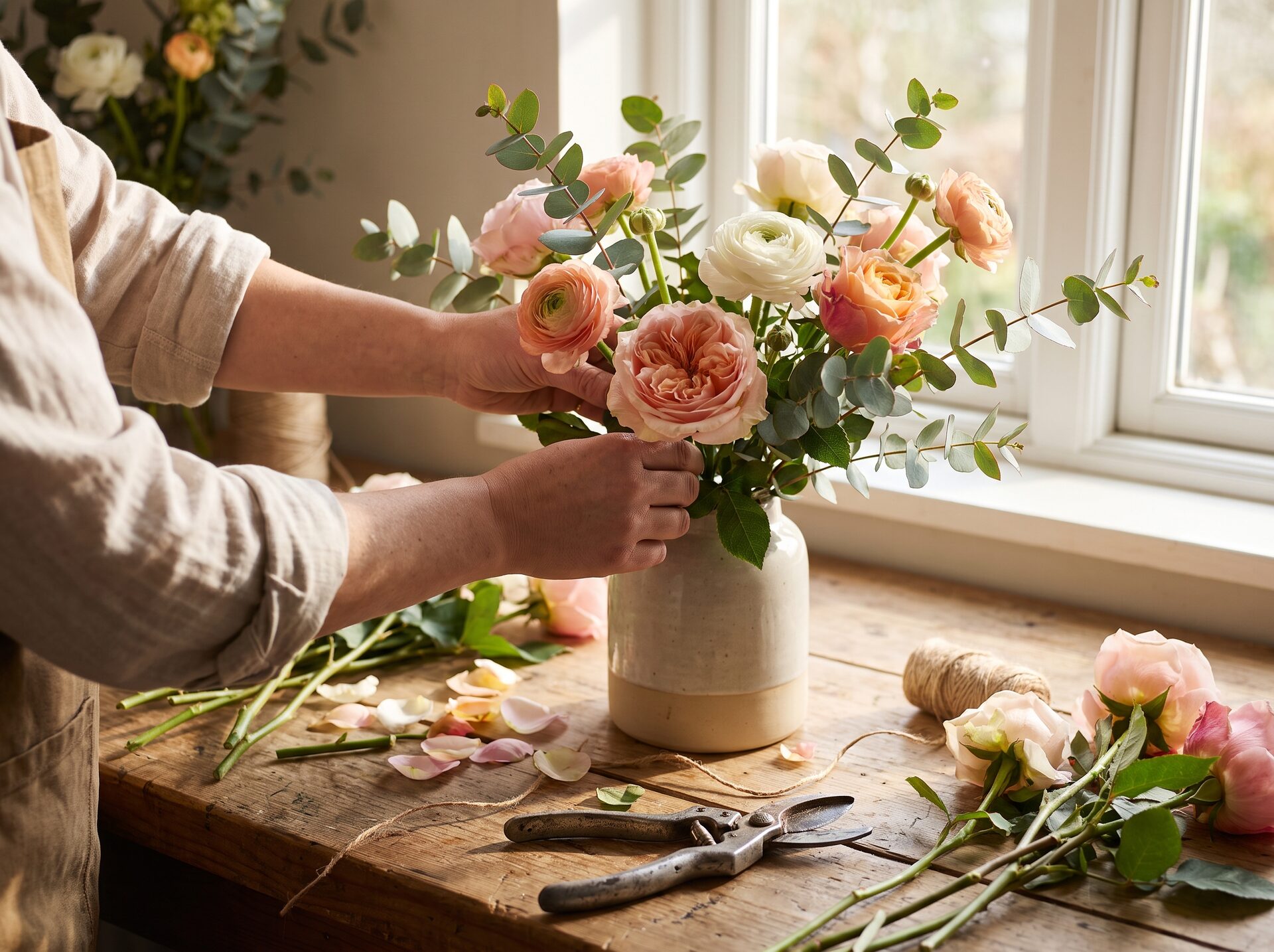 Hände, die einen pastellfarbenen Blumenstrauss im Atelier binden