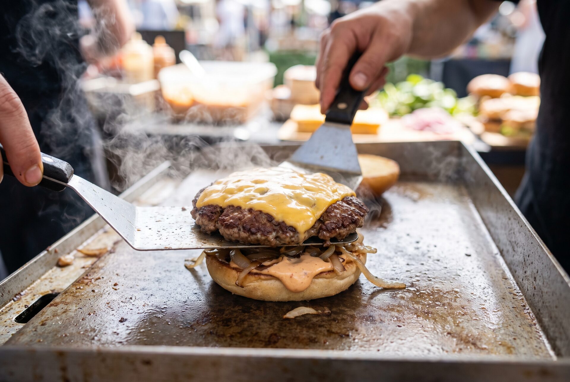 Saftiger Smashburger wird auf der heissen Grillplatte belegt