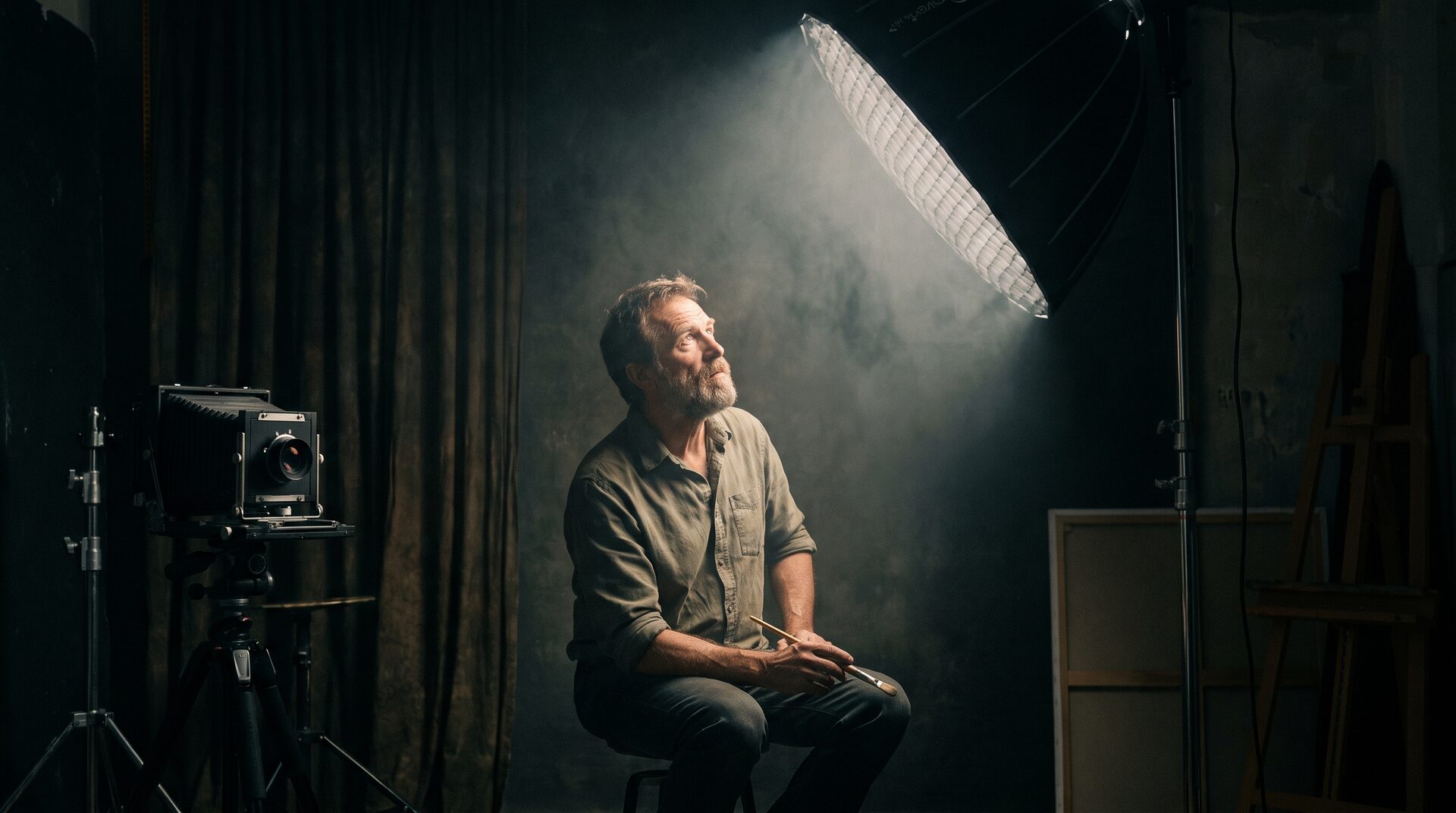 LICHTFANG – Person im Lichtkegel eines dunklen Fotostudios