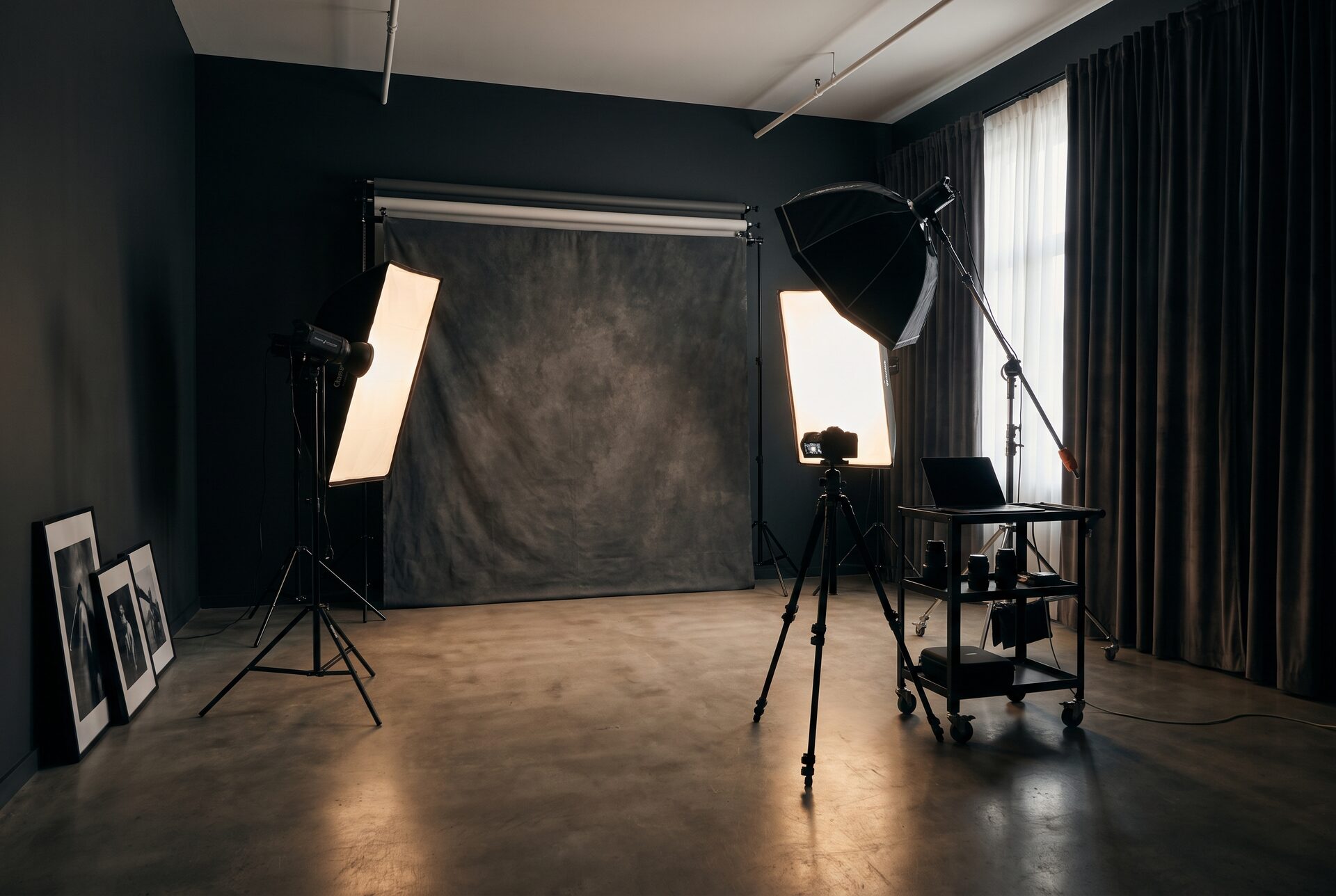 Fotostudio mit grossen Softboxen und warmem Streiflicht auf einer dunklen Wand