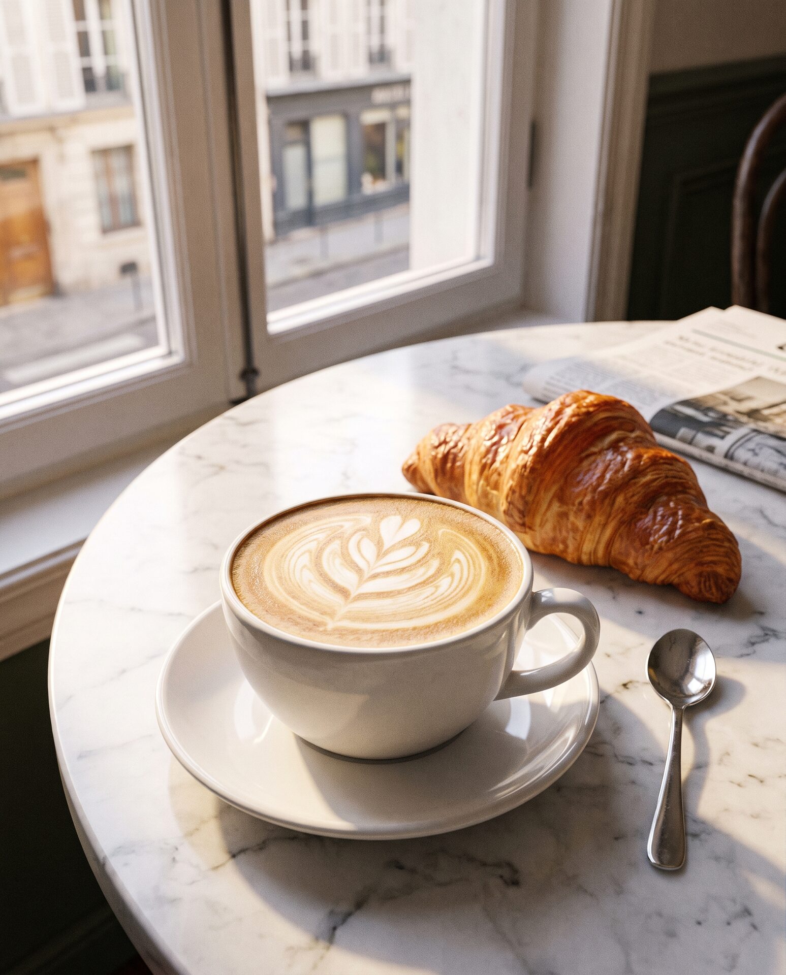 Cappuccino mit Latte Art und Gipfeli auf einem Marmortisch