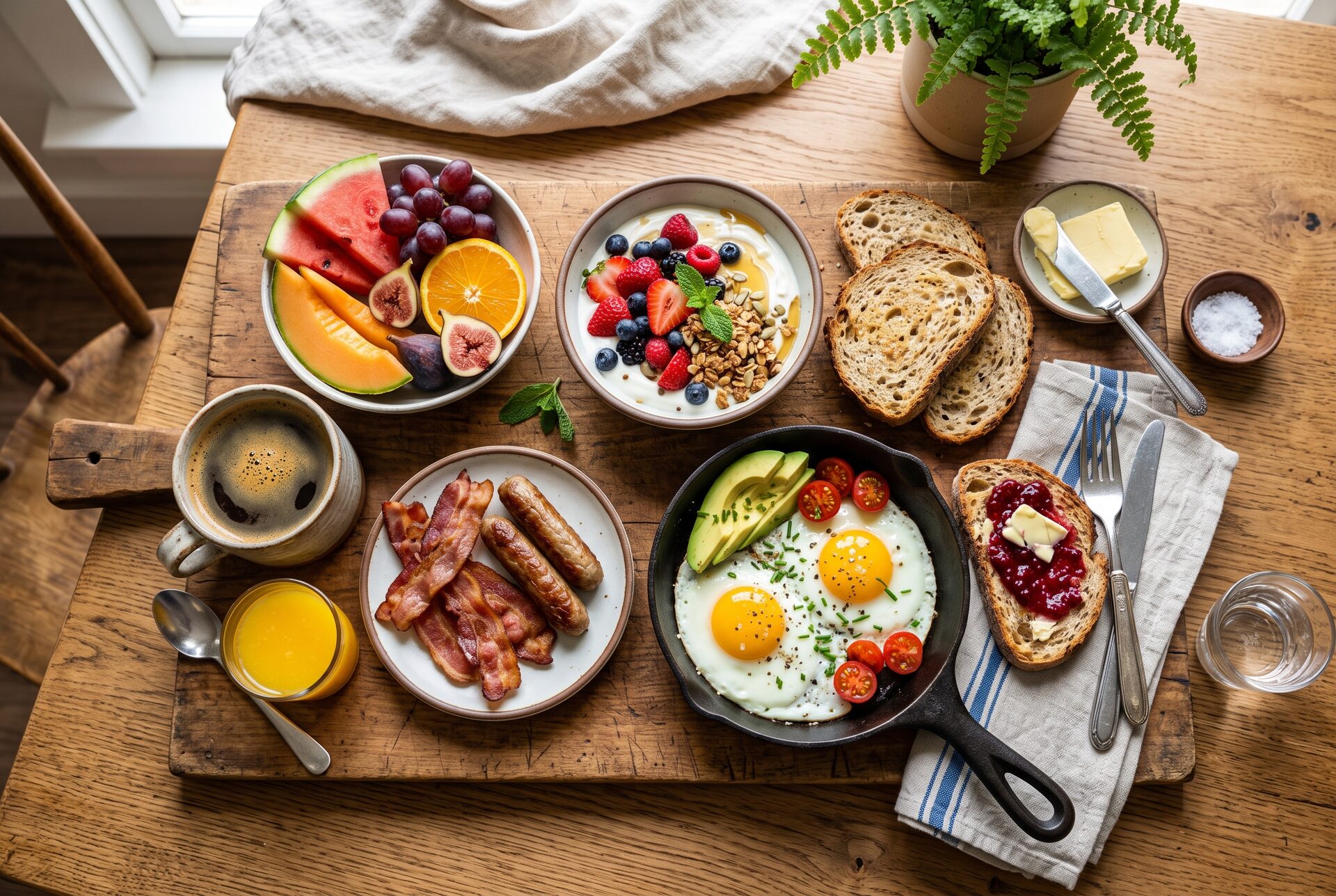 Überkopfaufnahme eines reichhaltigen Frühstücksbretts mit Eiern, Brot und Kaffee