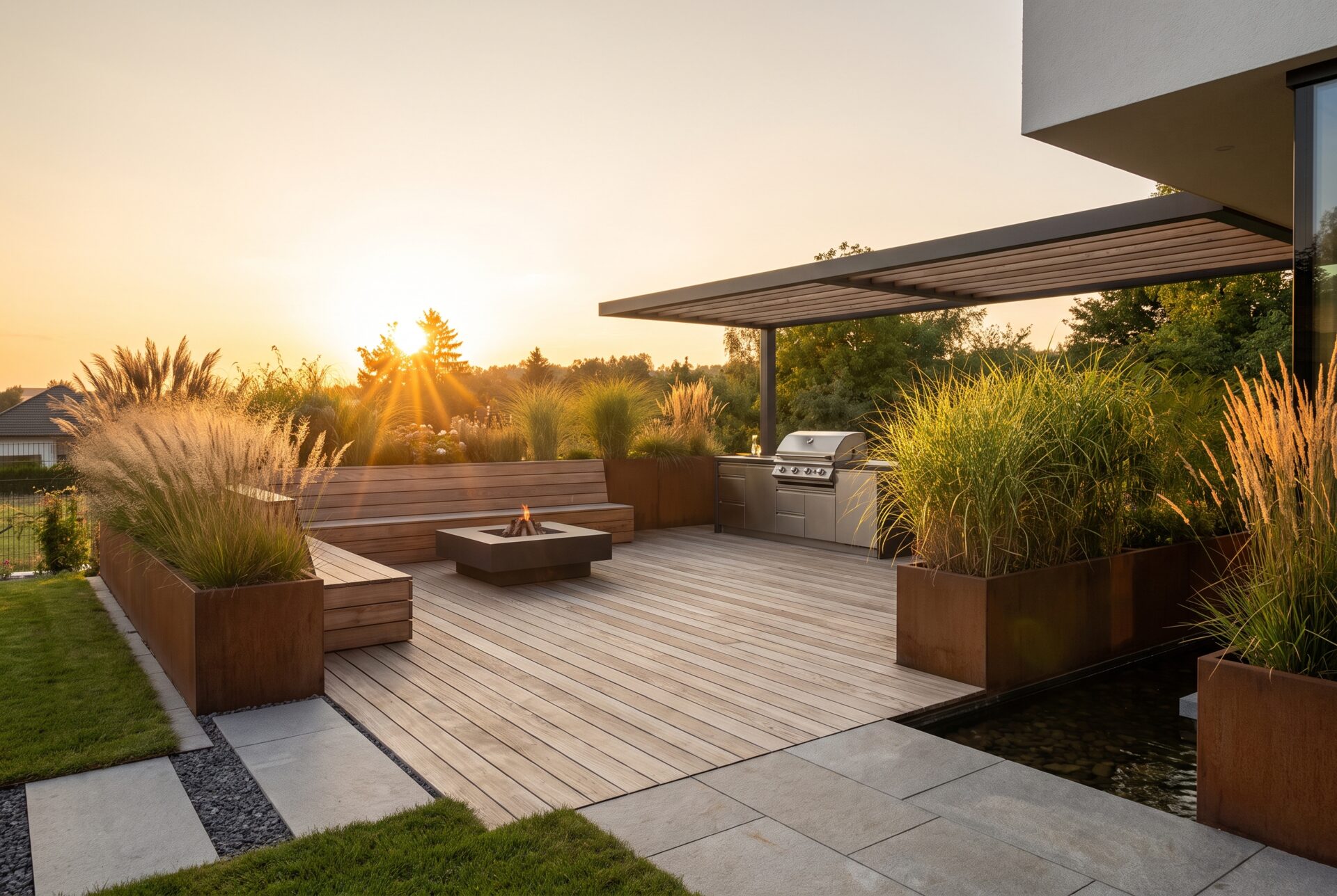 Grosszügige Holzterrasse als Aussenwohnzimmer, umgeben von Gräsern und Stauden