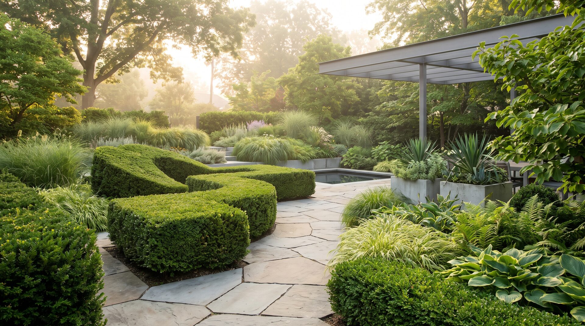 GRÜNRAUM – moderner Garten mit skulpturalen Hecken und Natursteinweg