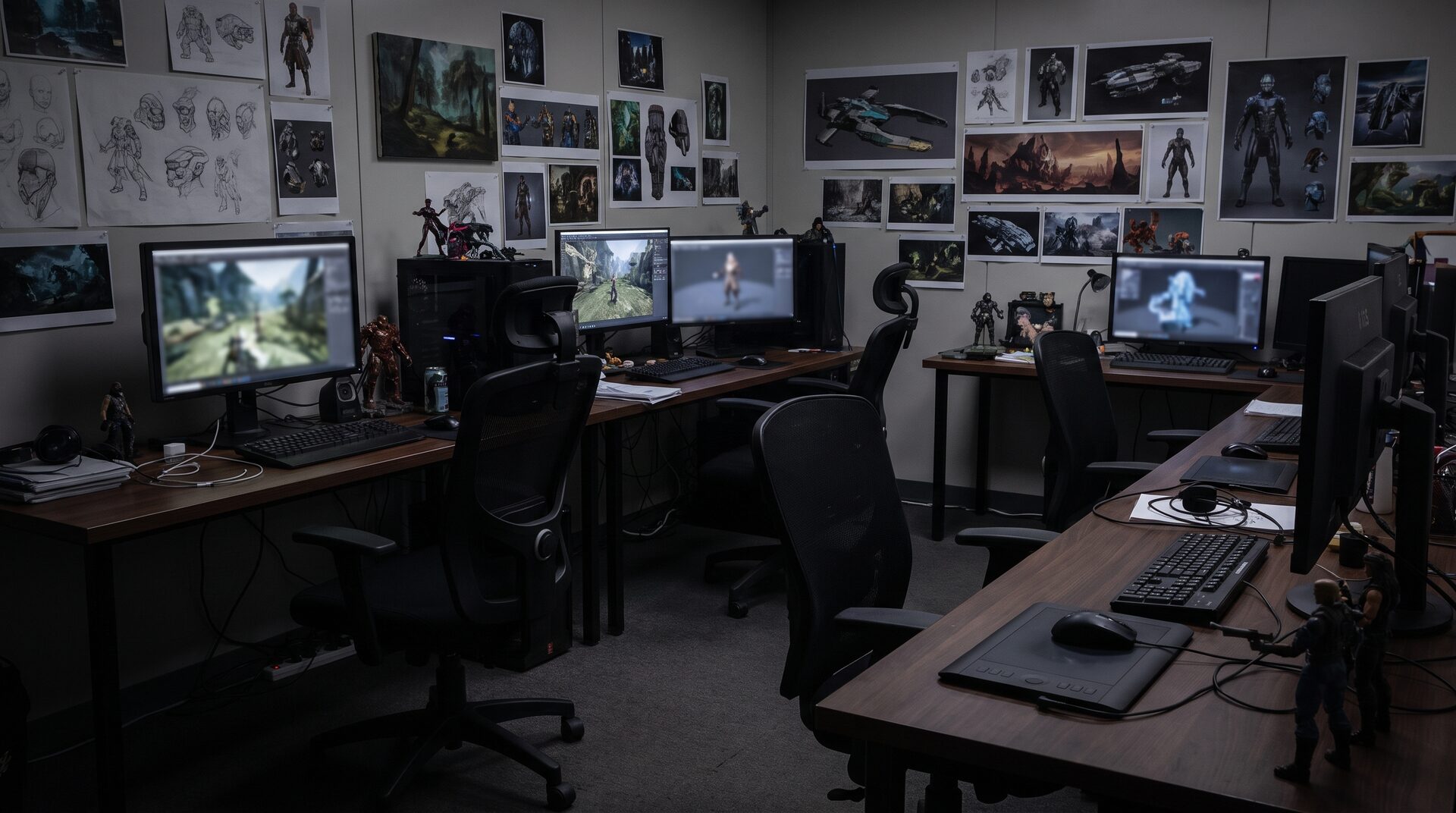 PIXELWERK – dunkles Game-Studio mit Concept Art und leuchtenden Monitoren