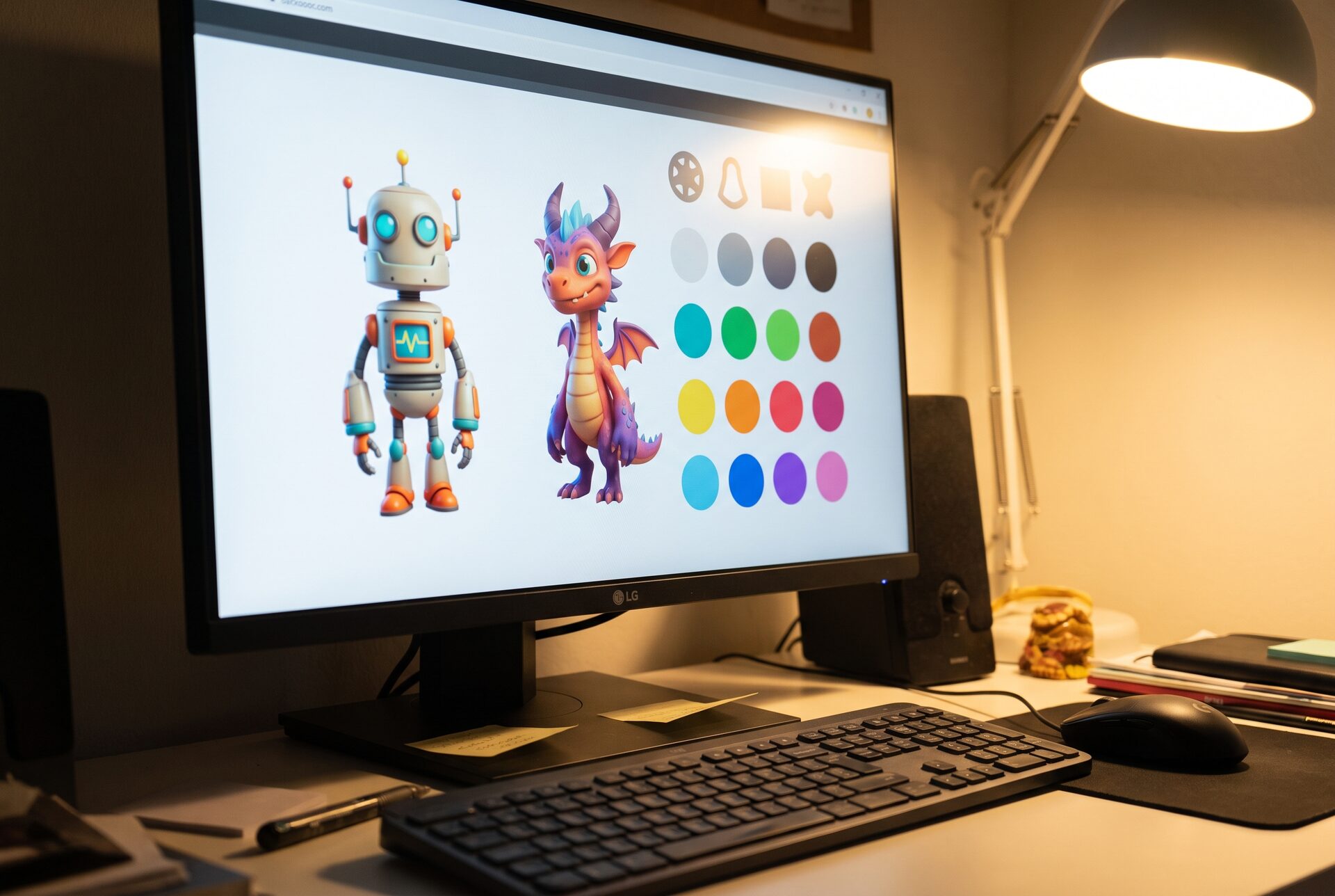 Stilisierte 3D-Charaktermodelle und Farbpaletten auf einem Monitor