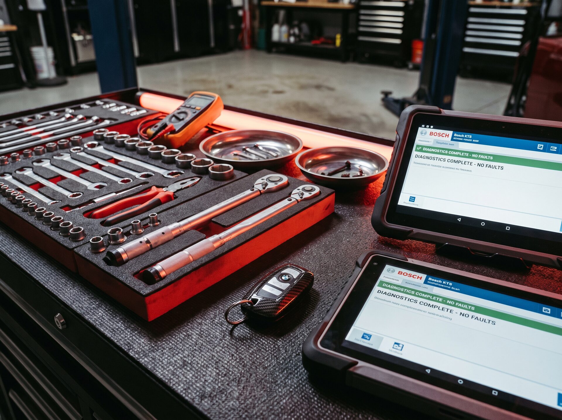 Werkzeug, Fahrzeugschlüssel und Diagnose-Tablet auf der Werkbank der DRIVE LAB