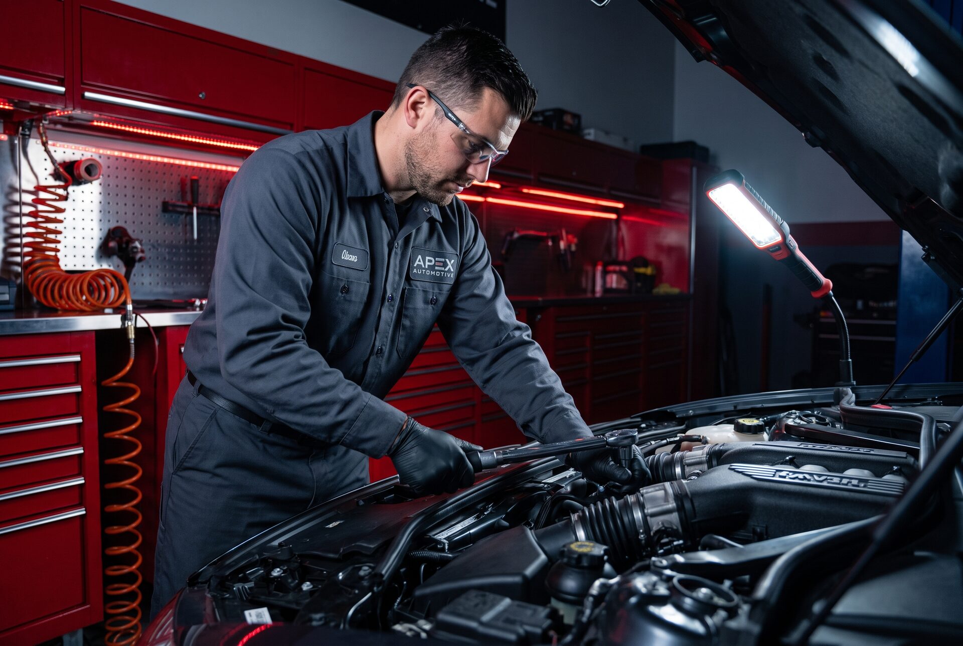 Mechaniker der DRIVE LAB bei der Arbeit am geöffneten Motorraum