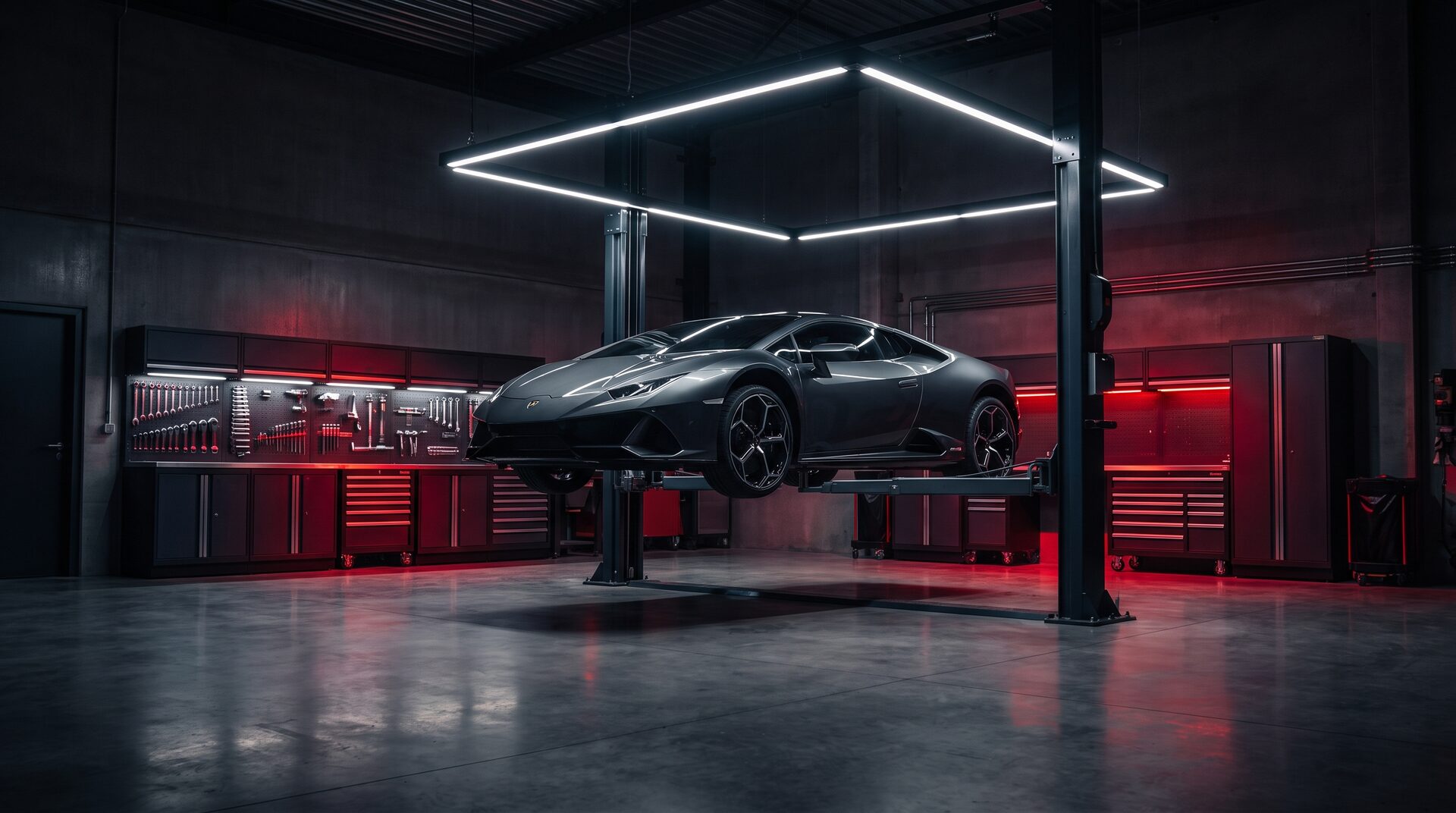 DRIVE LAB – Sportwagen auf der Hebebühne in dunkler Werkstatt mit rotem Akzentlicht