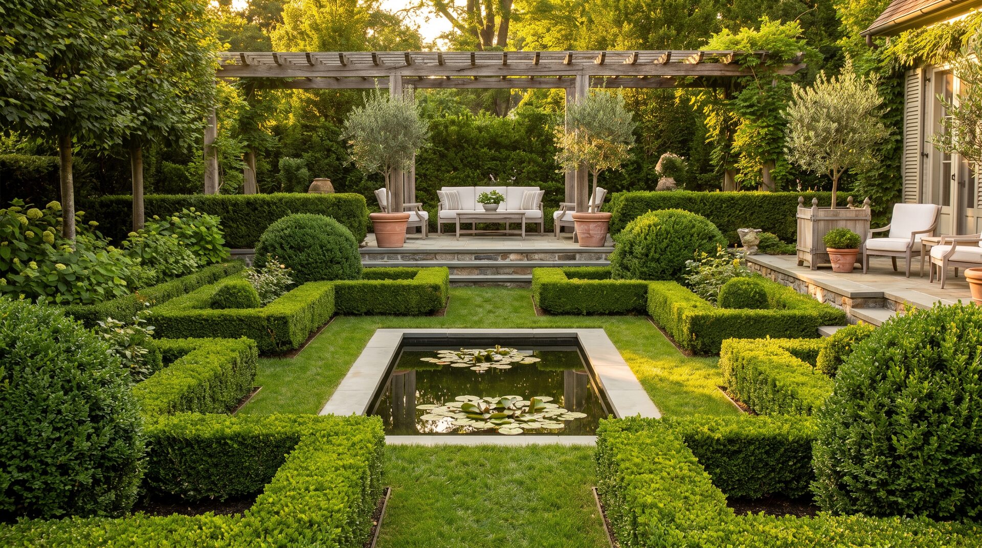 FREIRAUM – gestalteter Garten mit Terrasse, Stauden und Bäumen im Abendlicht
