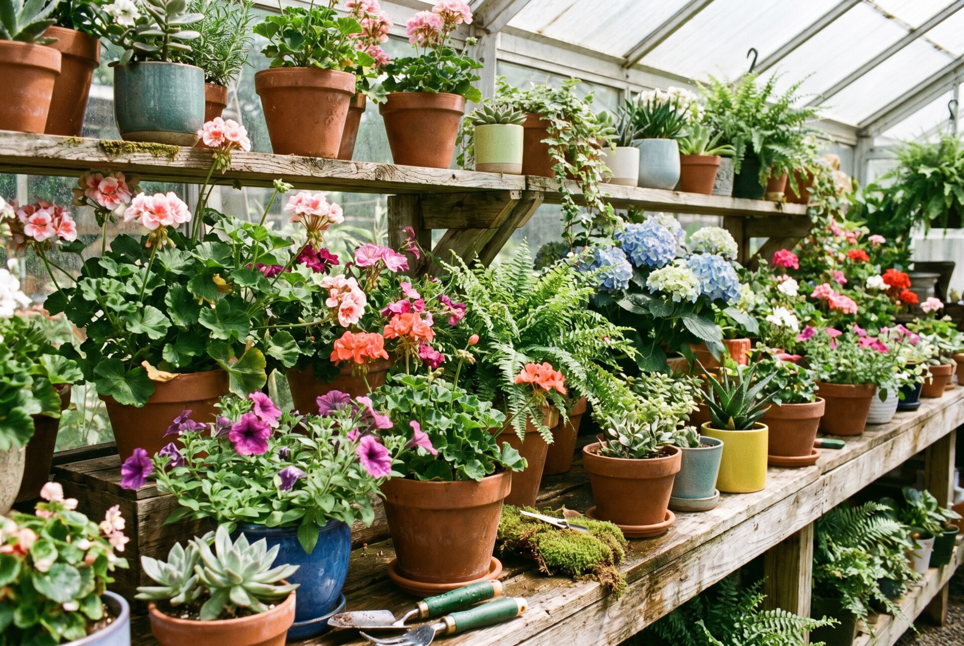 Verschiedene Topfpflanzen im Gartencenter