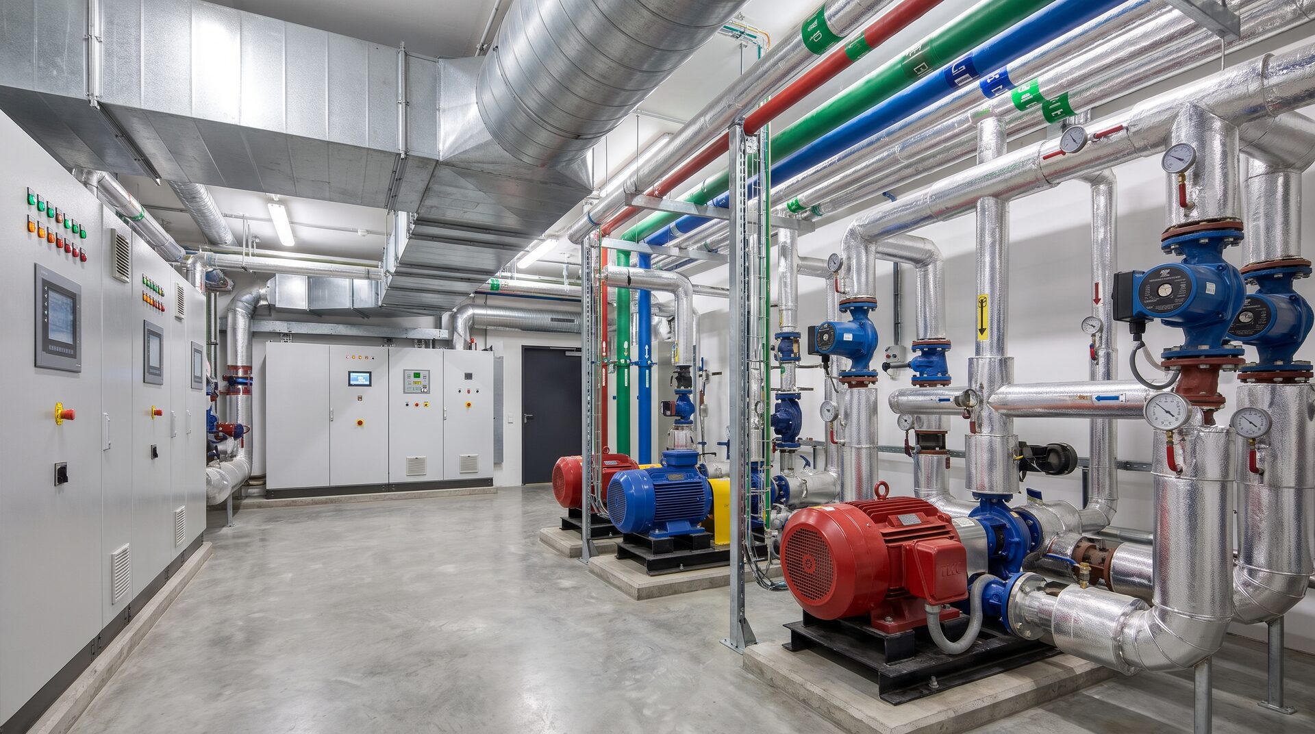 KLIMAWERK – moderner Technikraum mit Lüftungskanälen und gedämmten Leitungen