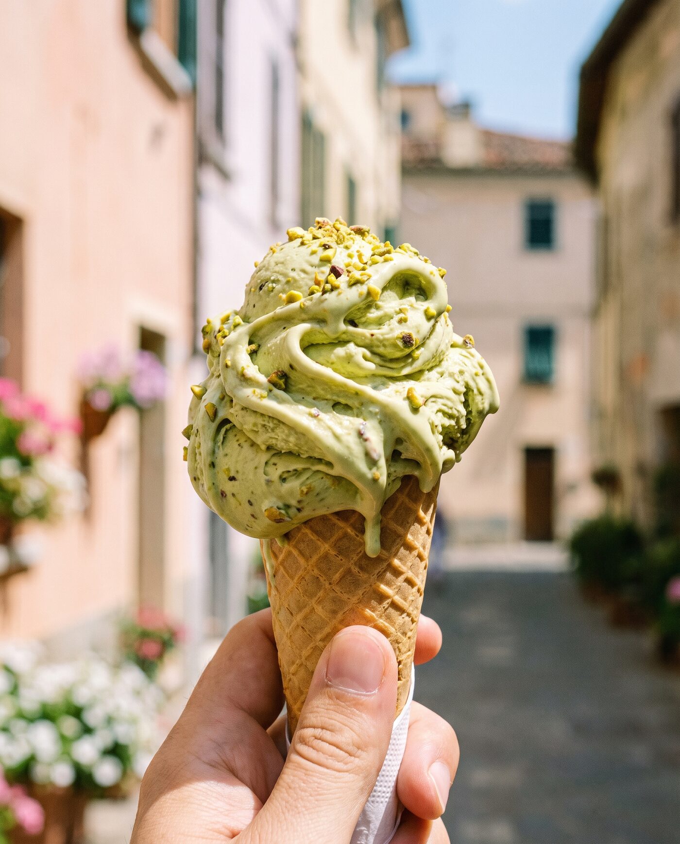 Pistazien-Gelato in der Waffel, in die Höhe gehalten
