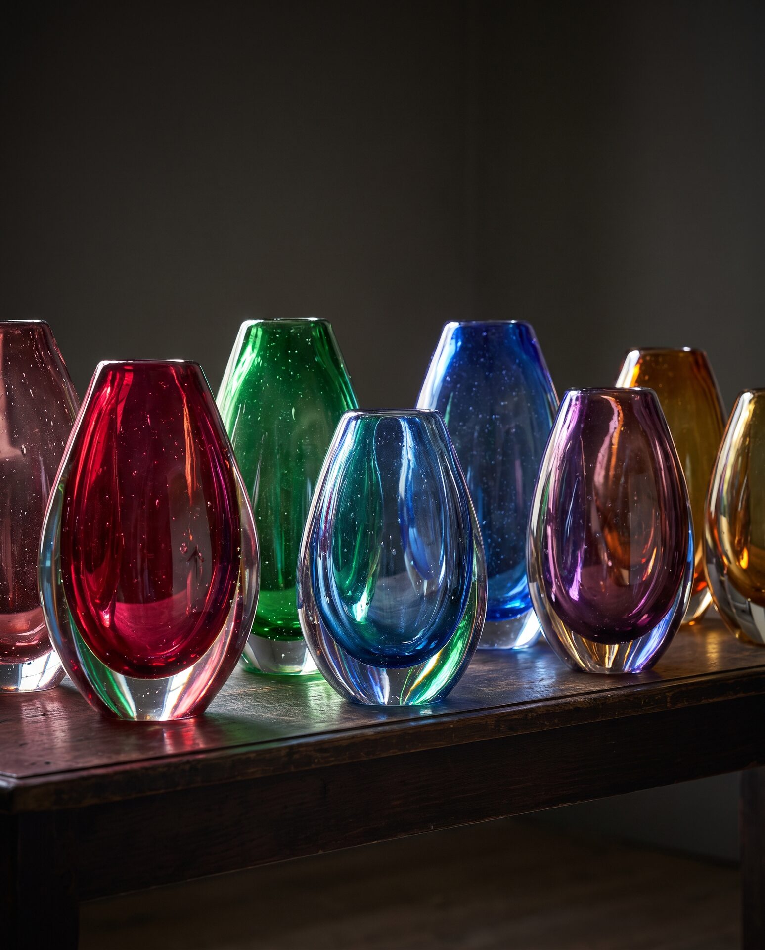 Handgefertigte farbige Glasvasen auf einem dunklen Regal im Gegenlicht