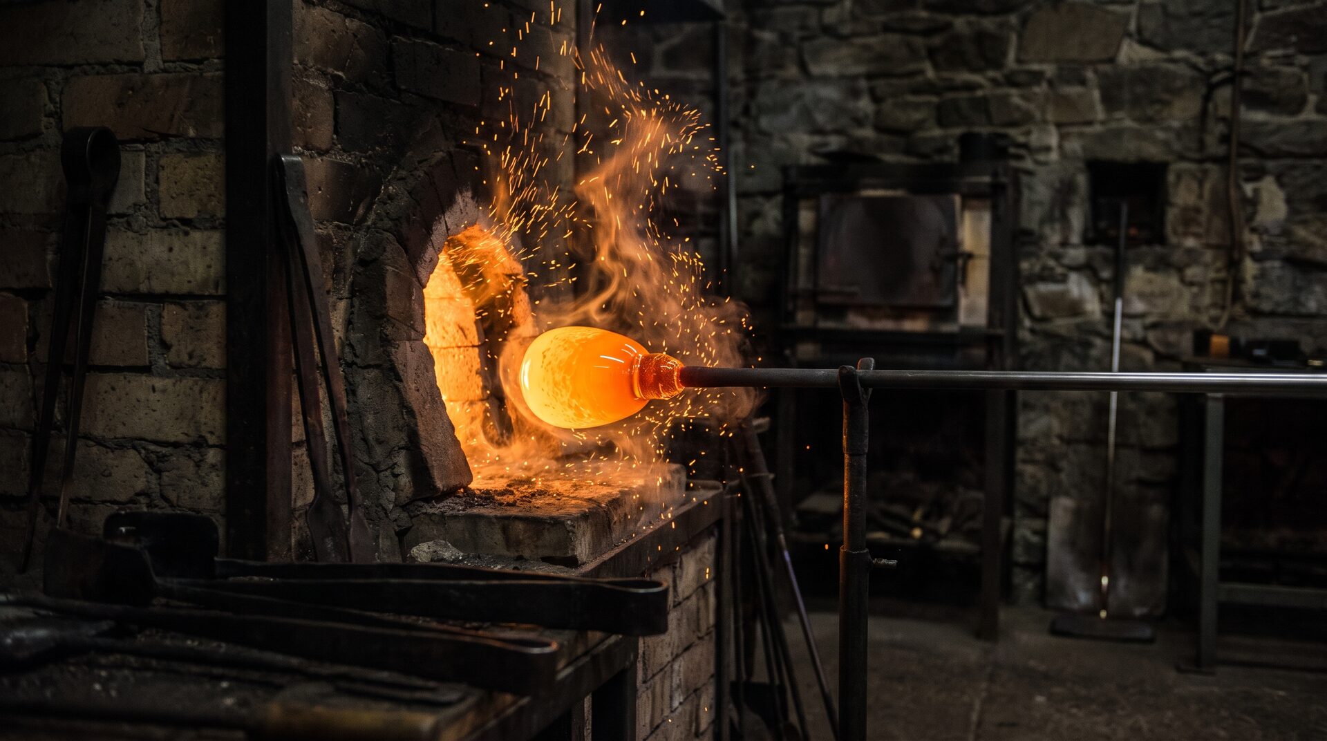GLUT & GLAS – glühendes oranges Glas an der Pfeife vor dem Ofen