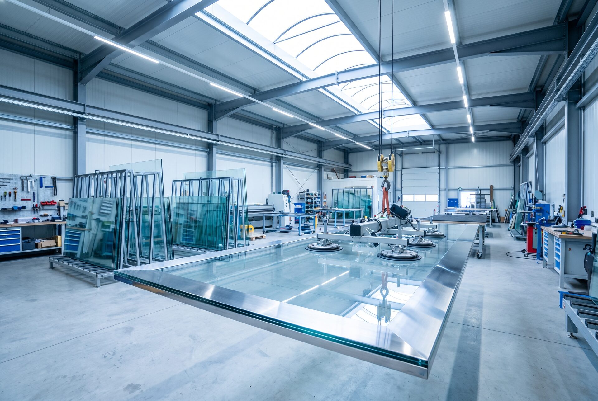 Grosse Glasscheiben auf einem Sauggreifer in der Glaserei-Werkstatt