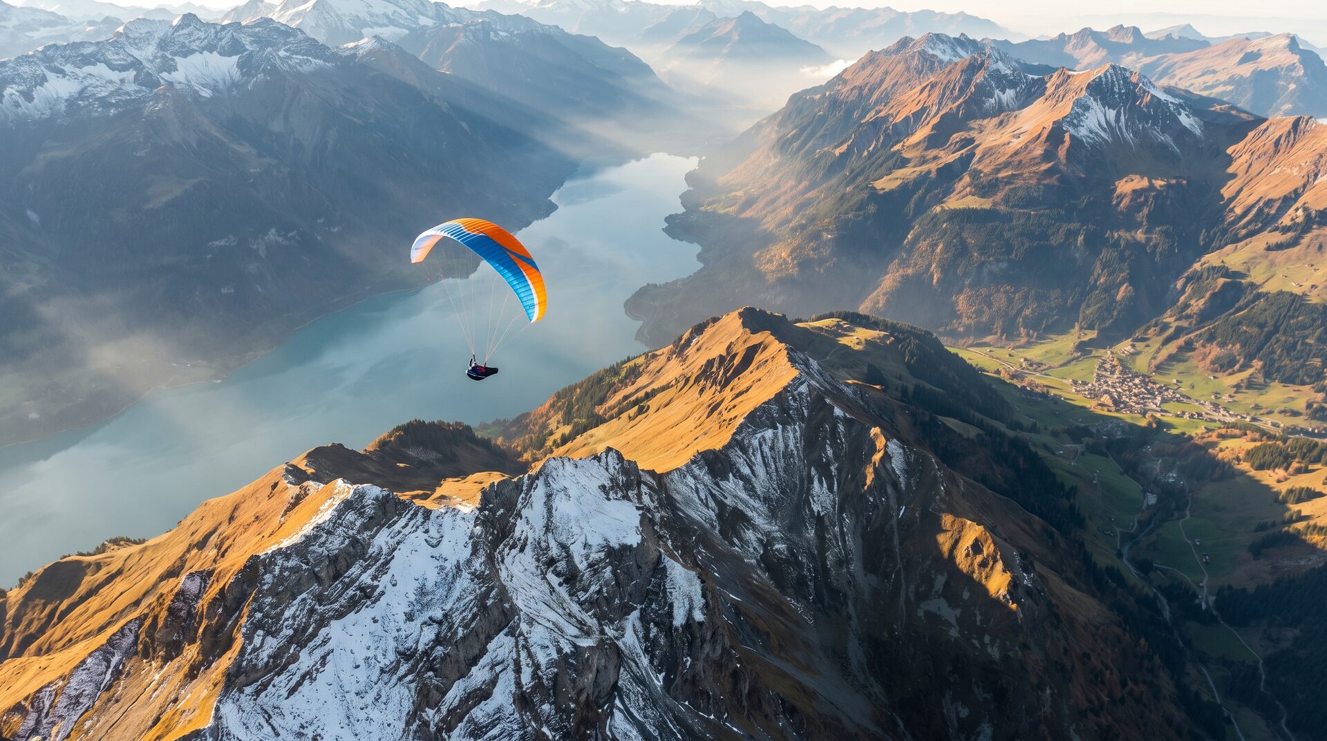 AUFWIND – Gleitschirm über Alpenlandschaft im Morgenlicht