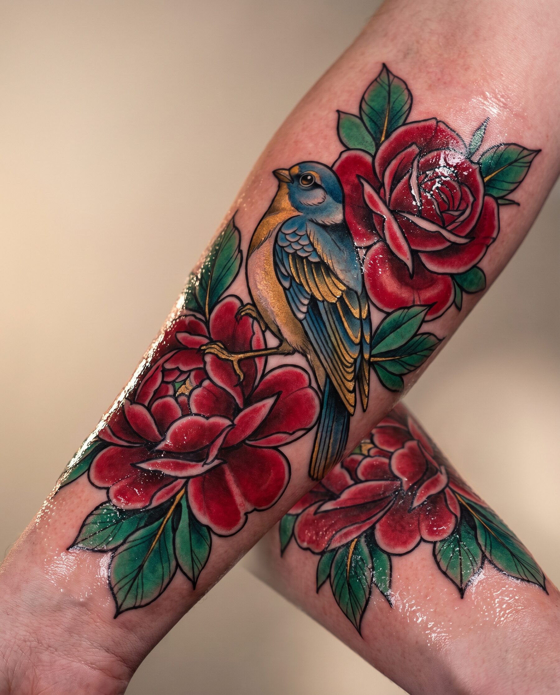 Frisch gestochenes farbiges Neo-Traditional-Tattoo auf einem Unterarm
