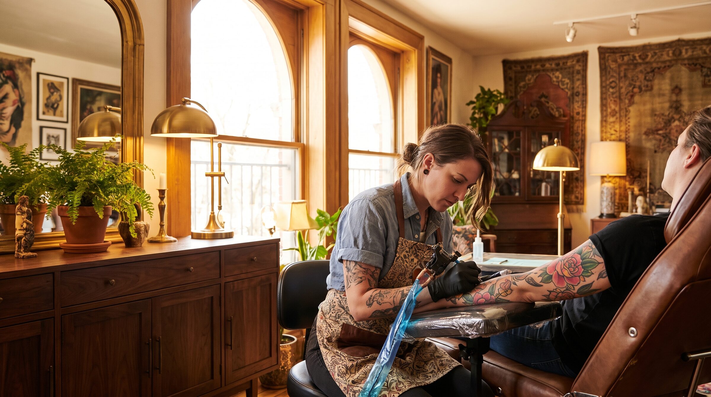 GOLDHAUT – Tätowiererin bei farbigem Neo-Traditional-Motiv im warmen Boutique-Atelier