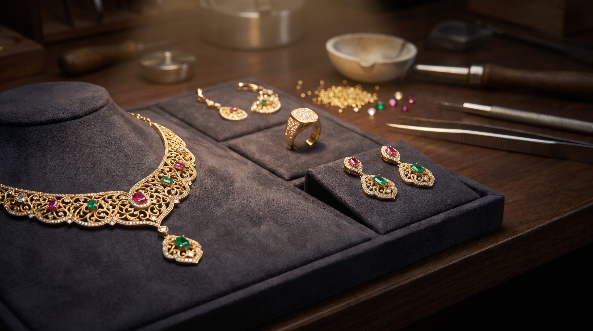 AURUM – edler Goldschmuck auf dunklem Samt im warmen Spotlicht