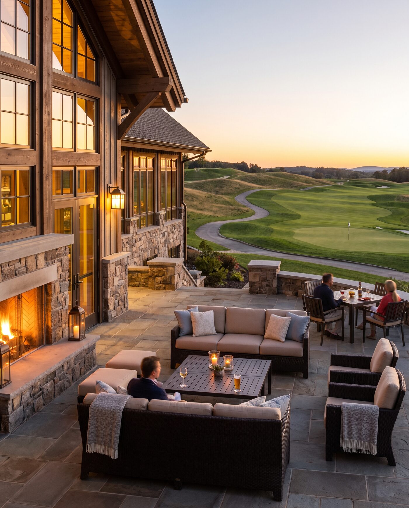 Elegante Terrasse des Golf-Clubhauses mit Blick über den Platz