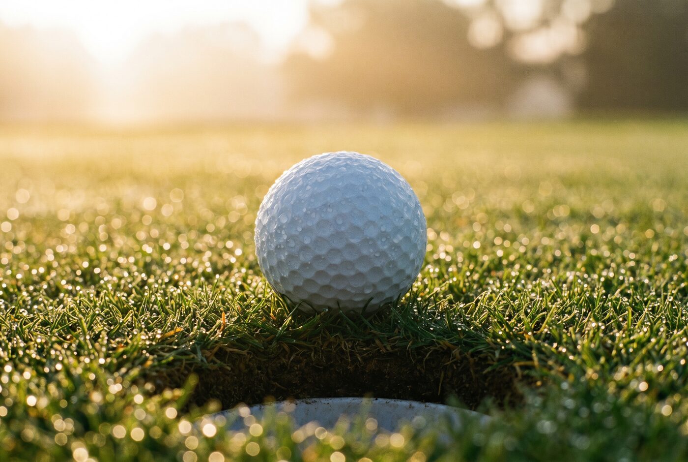 Golfball auf dem Grün nahe dem Loch, mit Morgentau im weichen Licht