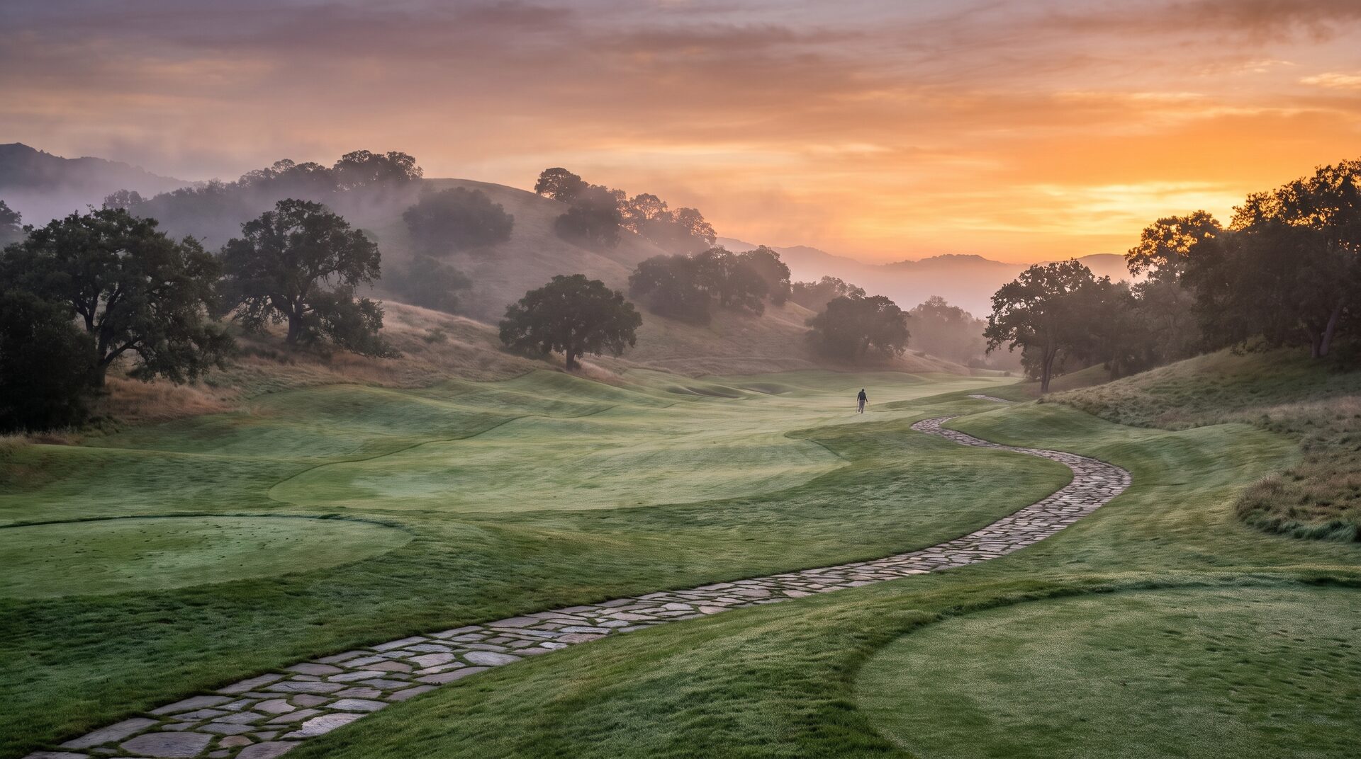 FAIRWAY – sattgrünes Golf-Fairway im Morgenlicht mit sanften Hügeln