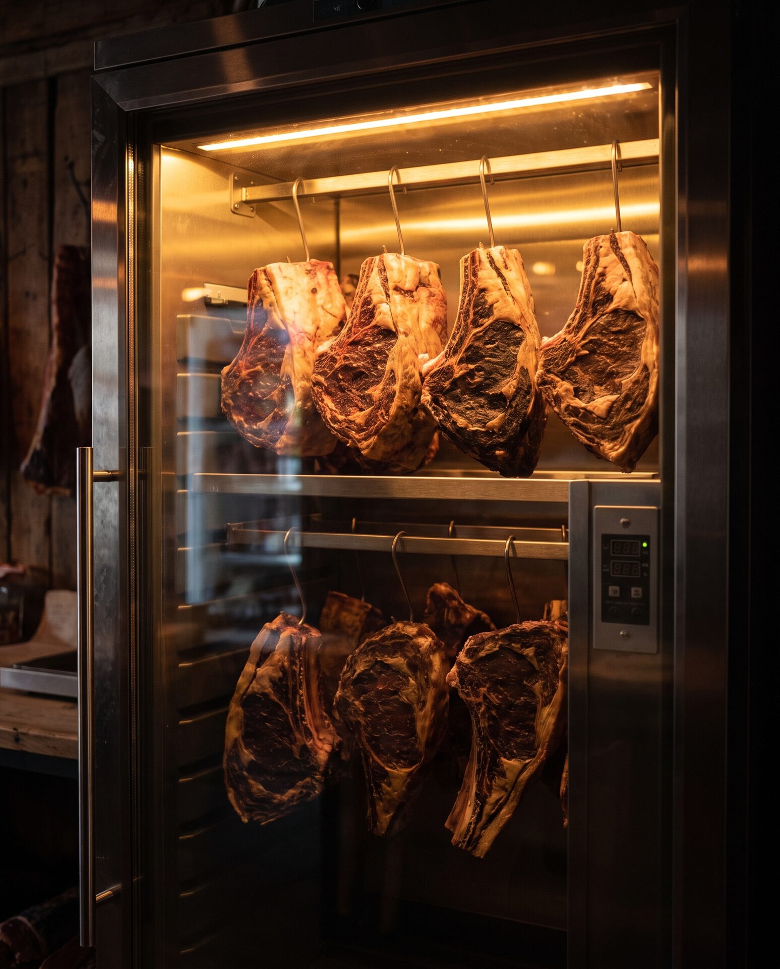 Dry-Aging-Schrank mit reifenden Rindfleischstücken hinter Glas
