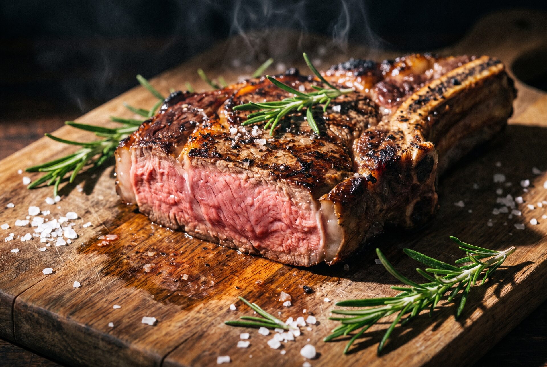 Perfekt gegrilltes Steak ruht auf einem Holzbrett mit grobem Salz und Rosmarin
