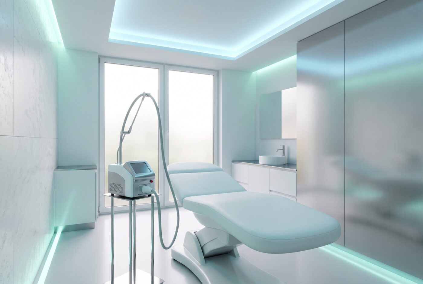 Moderner, klinisch sauberer Laser-Behandlungsraum in kühlem Licht