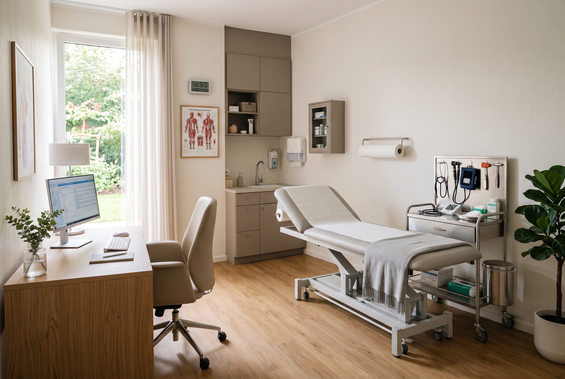 Modernes Sprechzimmer mit Untersuchungsliege in warmen neutralen Tönen