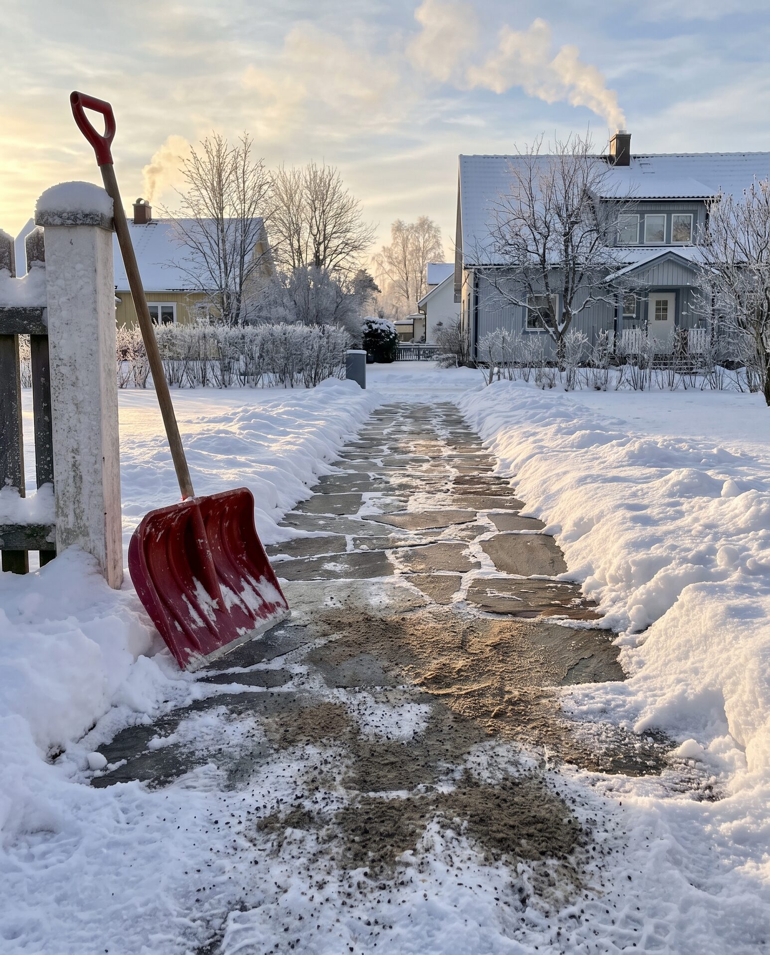 Schneeräumung auf einem Wohnweg im winterlichen Morgenlicht