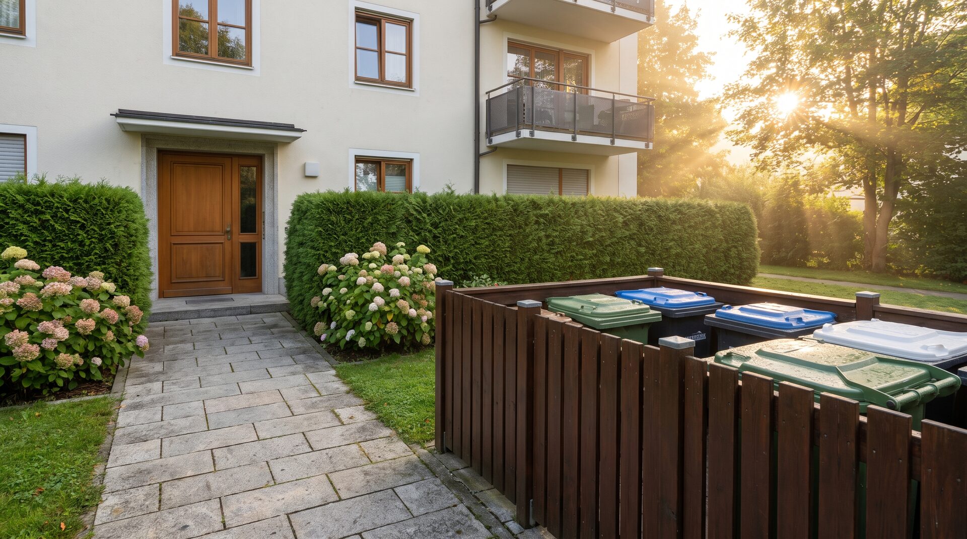 OBHUT – gepflegter Hauseingang mit sauberen Wegen und Hecke