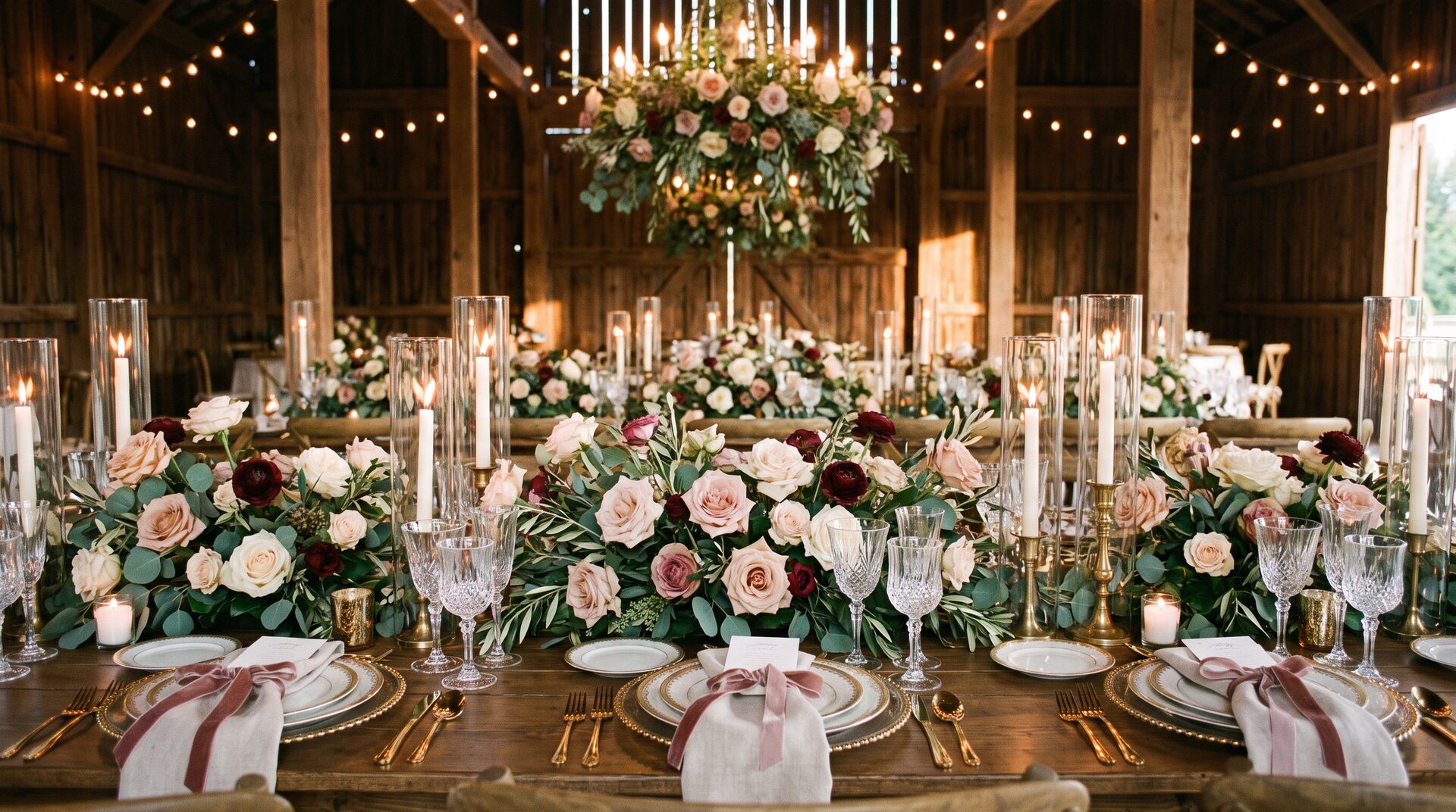JAWORT – elegant gedeckter Hochzeitstisch mit Blumen im Abendlicht