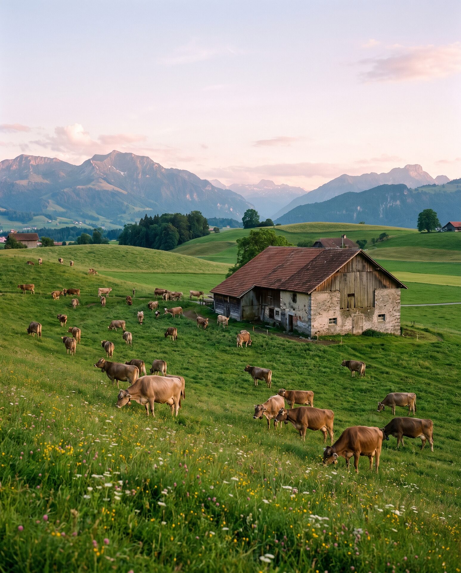Grüne Weiden im Emmental mit grasenden Kühen und einem Bauernhaus