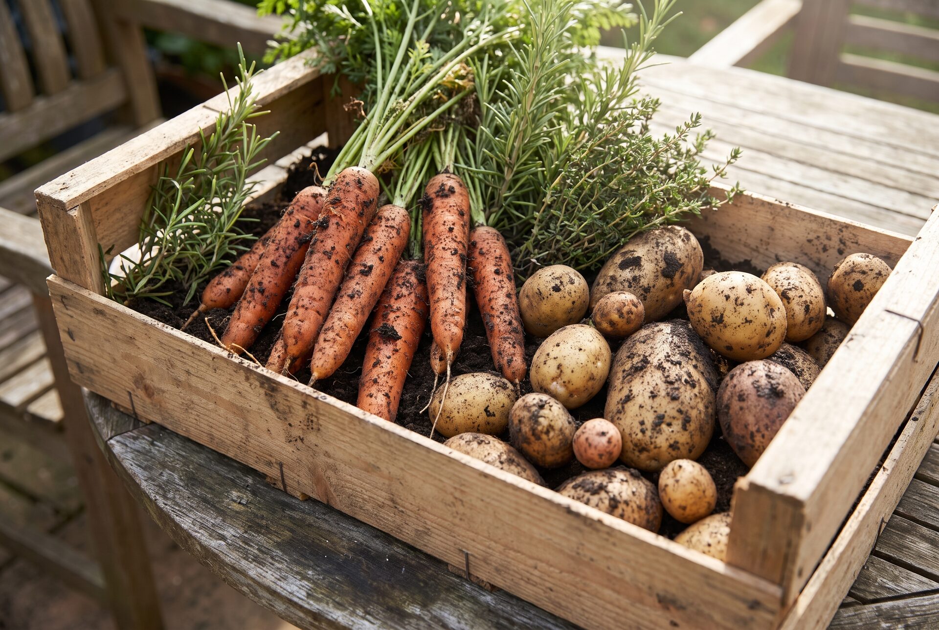 Frisch geerntete Rüebli, Kartoffeln und Kräuter in einer Holzkiste