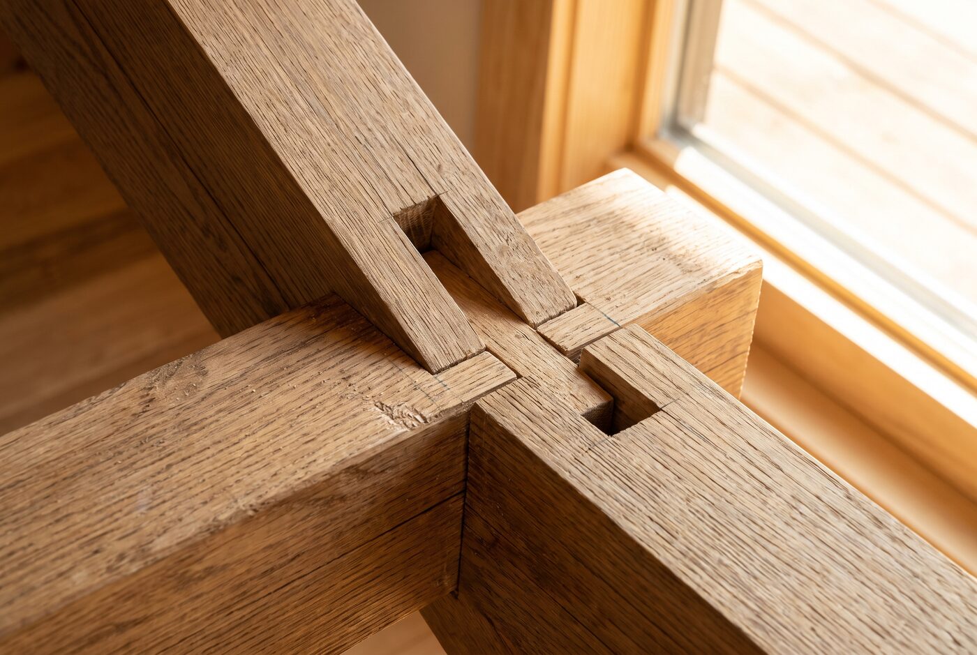 Nahaufnahme einer präzisen Holzverbindung mit sichtbarer Maserung